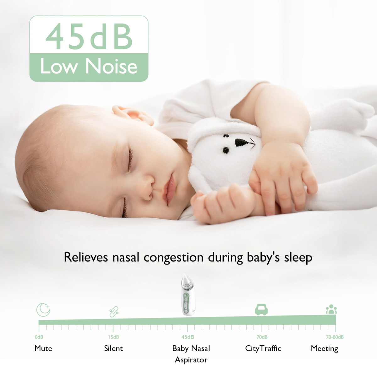 Sleeping baby with a teddy bear, text promoting a nasal aspirator, noise level indicator from mute to meeting.