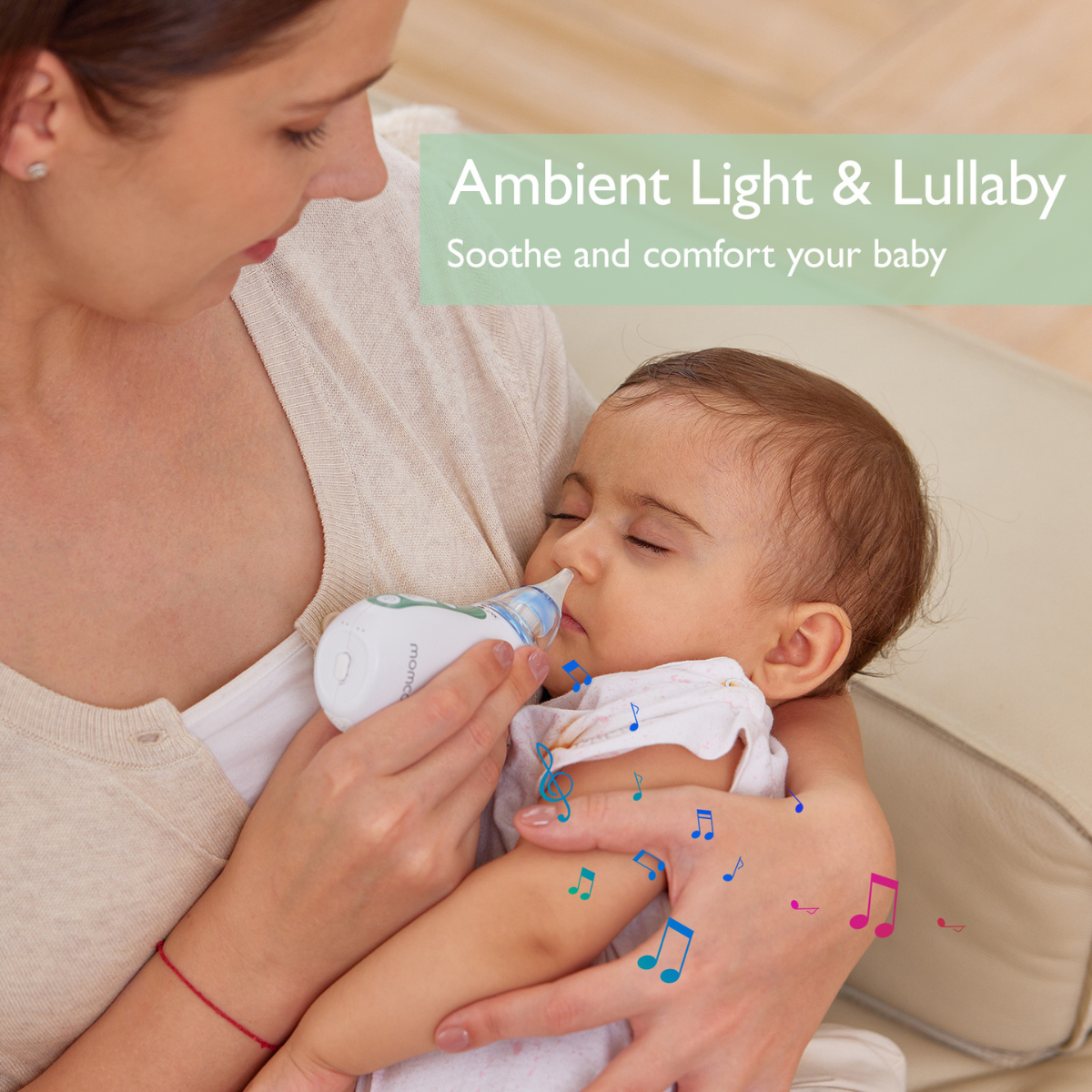 A woman holding a baby, using a nasal aspirator. Musical notes float around. Text says 'Ambient Light & Lullaby'.