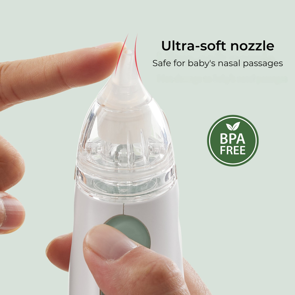 A baby nasal aspirator. A hand holds the device, with a clear nozzle. Text says "Ultra-soft nozzle" and "BPA FREE" is in a circle.