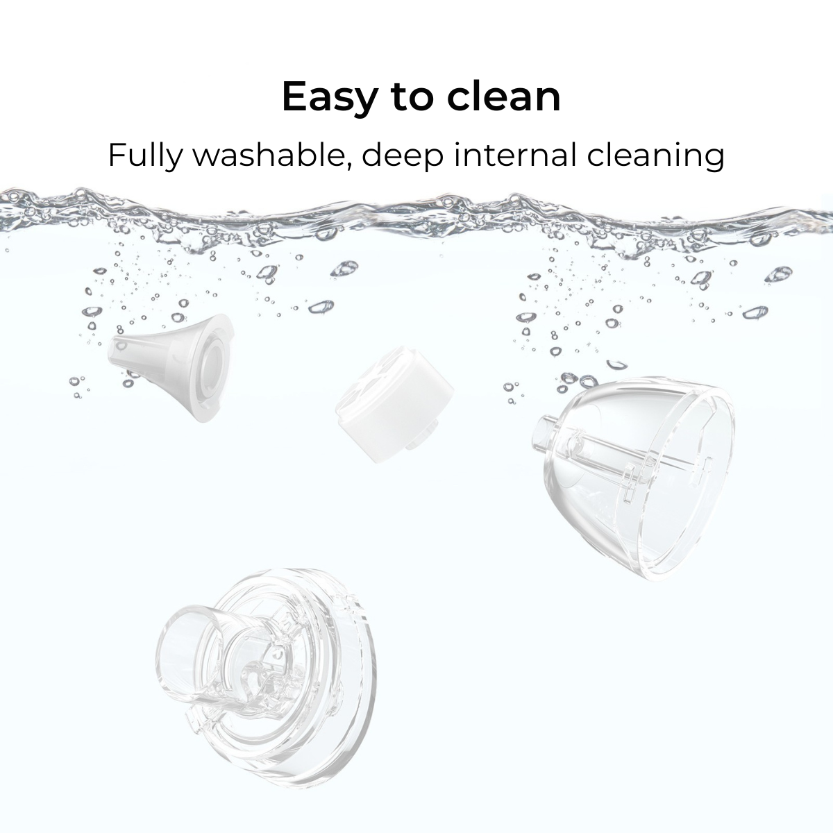 Image shows disassembled baby bottle parts submerged in water. Text says 'Easy to clean' and 'Fully washable, deep internal cleaning'.