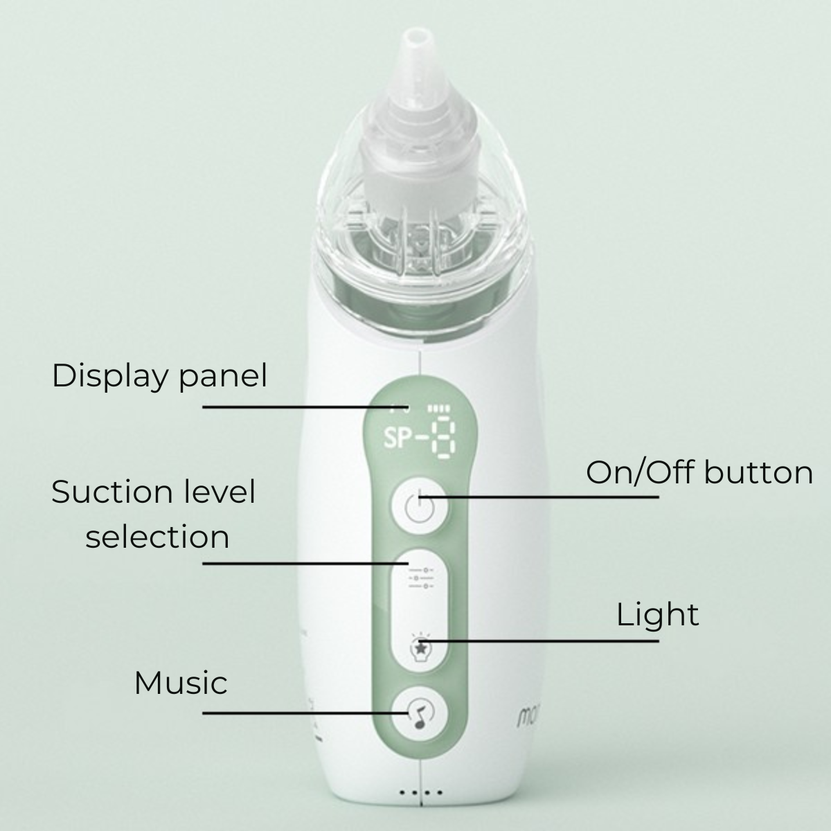 A white and green nasal aspirator. It has a display panel, suction level selection, on/off button, light, and music options.
