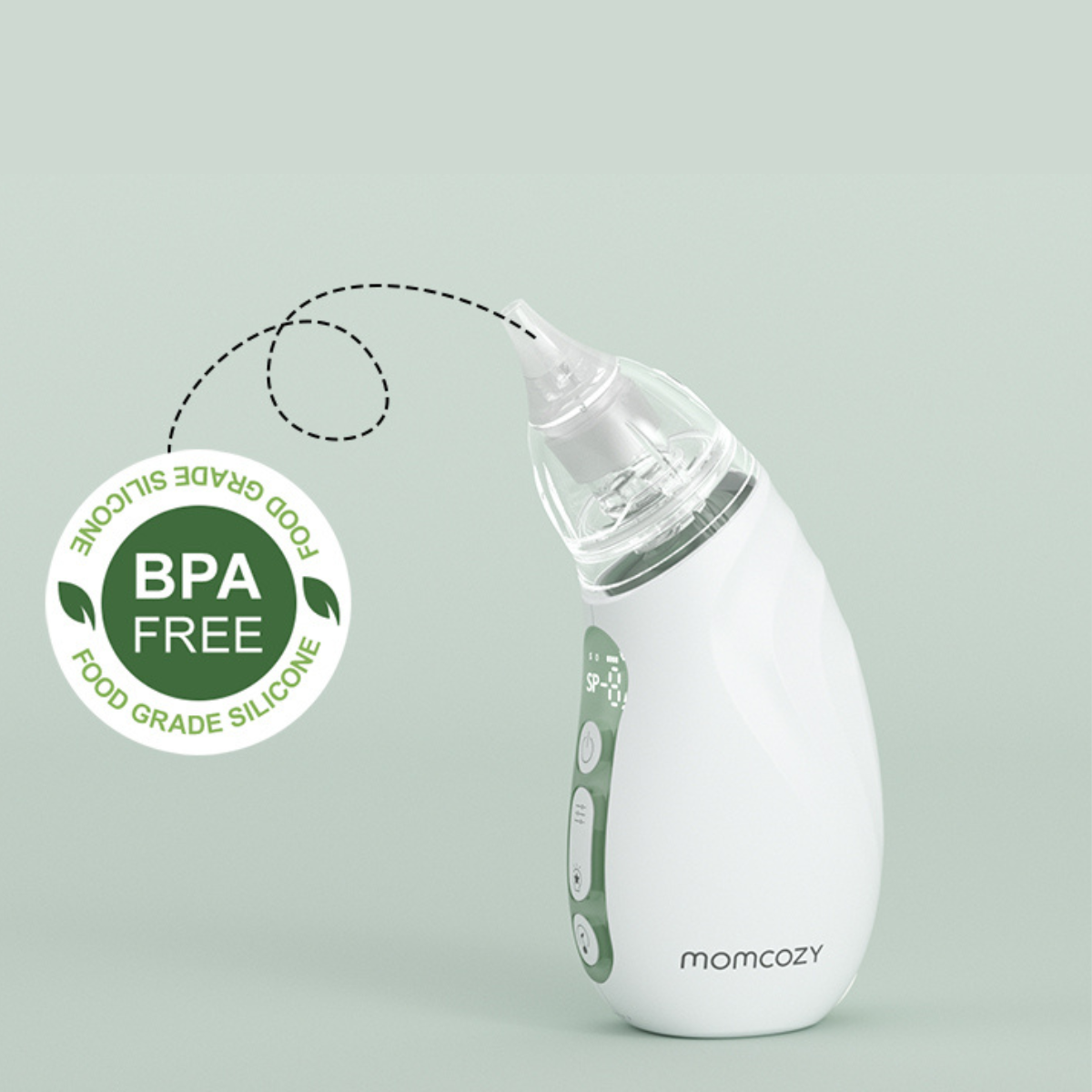 White and clear baby nasal aspirator, BPA free, with green buttons and a logo that says momcozy. It is on a light green background.