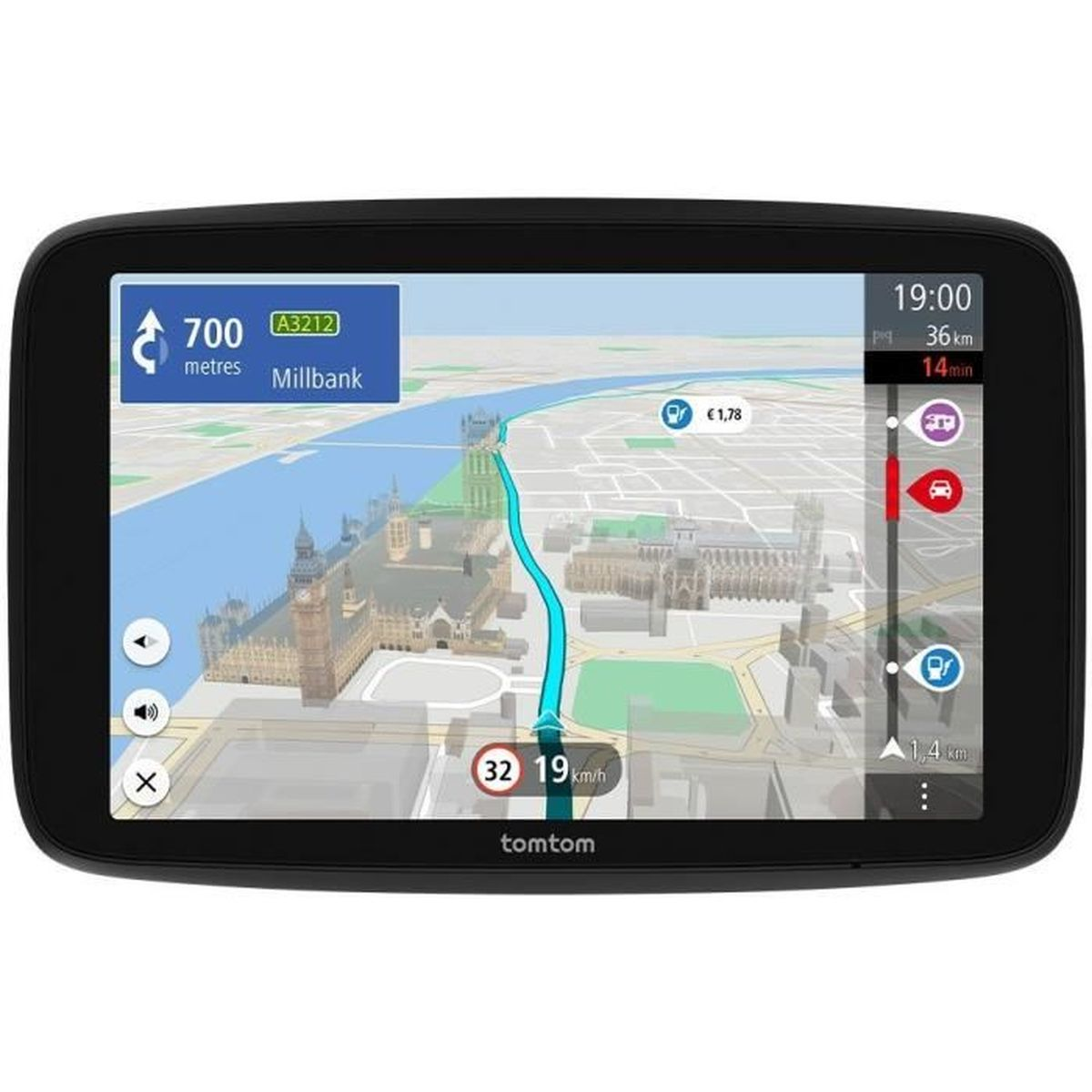 Ekran GPS TomTom pokazuje trasę z punktami orientacyjnymi, szczegółami prędkości i odległości. Zawiera mapę, nawigację i informacje o czasie.
