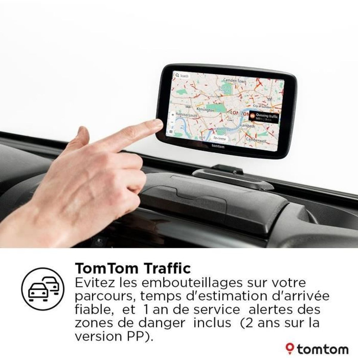 Ręka wskazuje na GPS TomTom z mapą Londynu. Tekst: TomTom Traffic, unikanie korków.