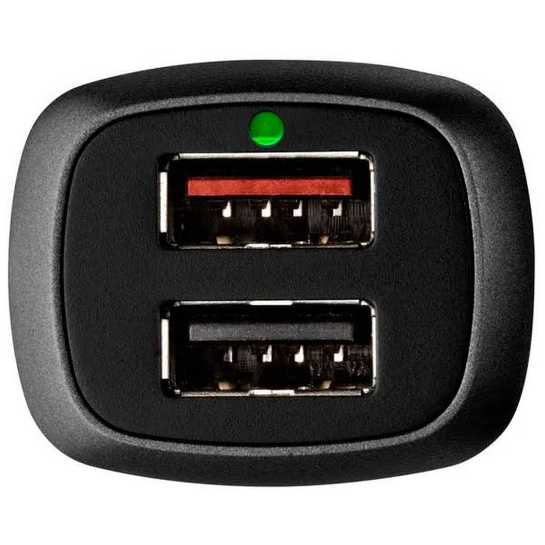 Caricabatterie USB per auto nero con due porte, interno rosso, una luce verde e forma arrotondata.