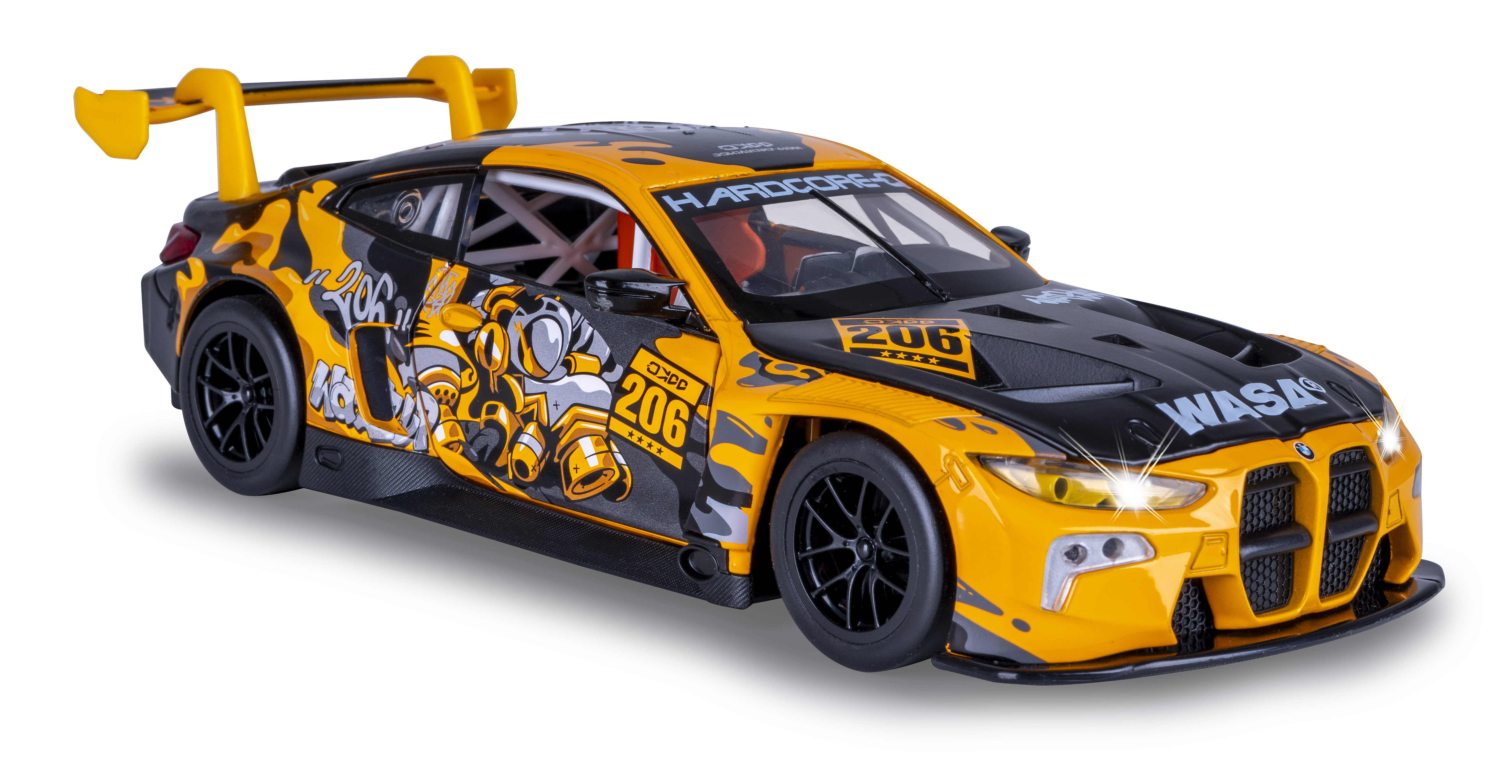 Gelb-schwarzes Spielzeug-Rennauto mit der Nummer 206. Es hat einen Spoiler und steht auf weißem Hintergrund.