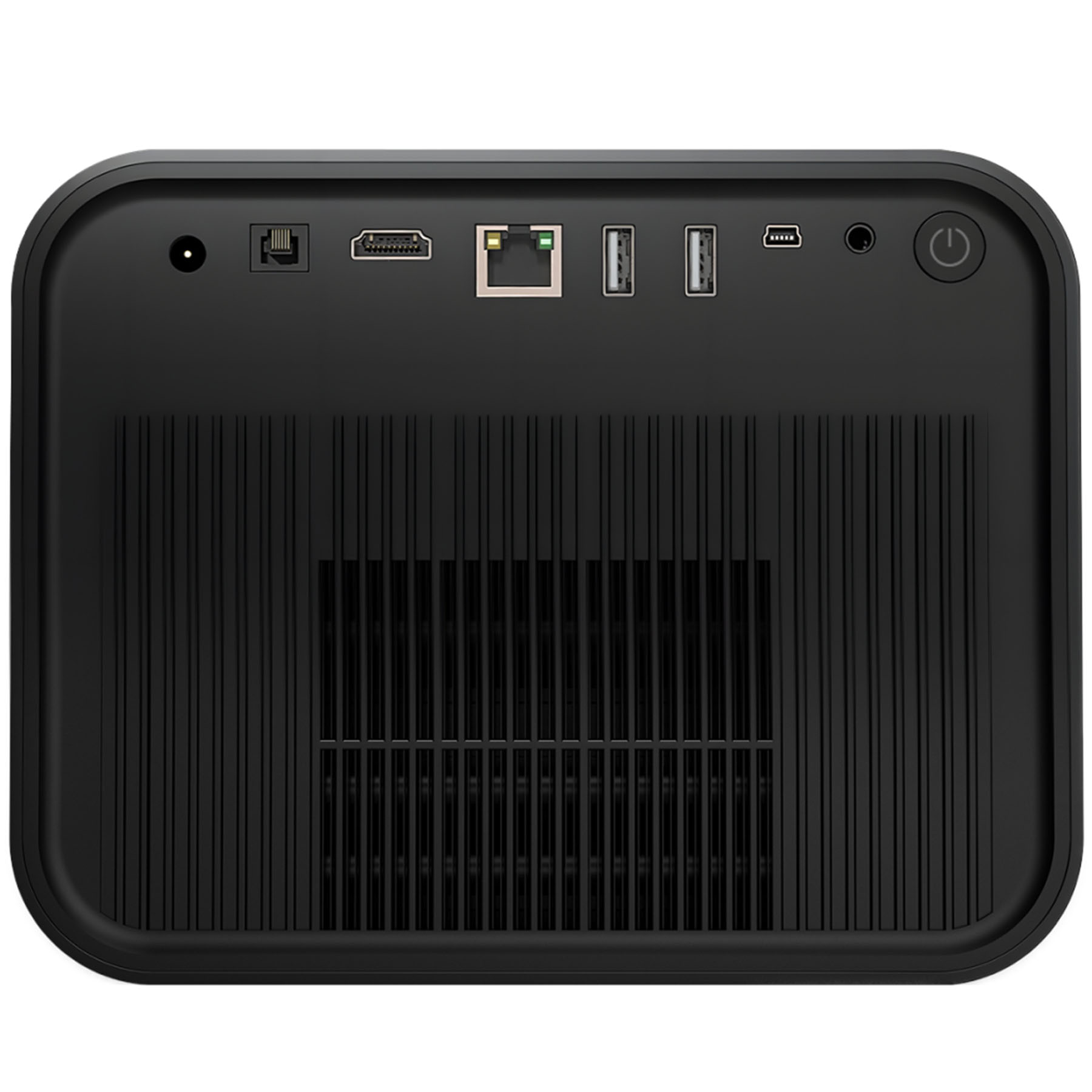 Tył czarnego urządzenia z portami: zasilanie, HDMI, ethernet, USB i audio. Pionowe linie pokrywają powierzchnię.