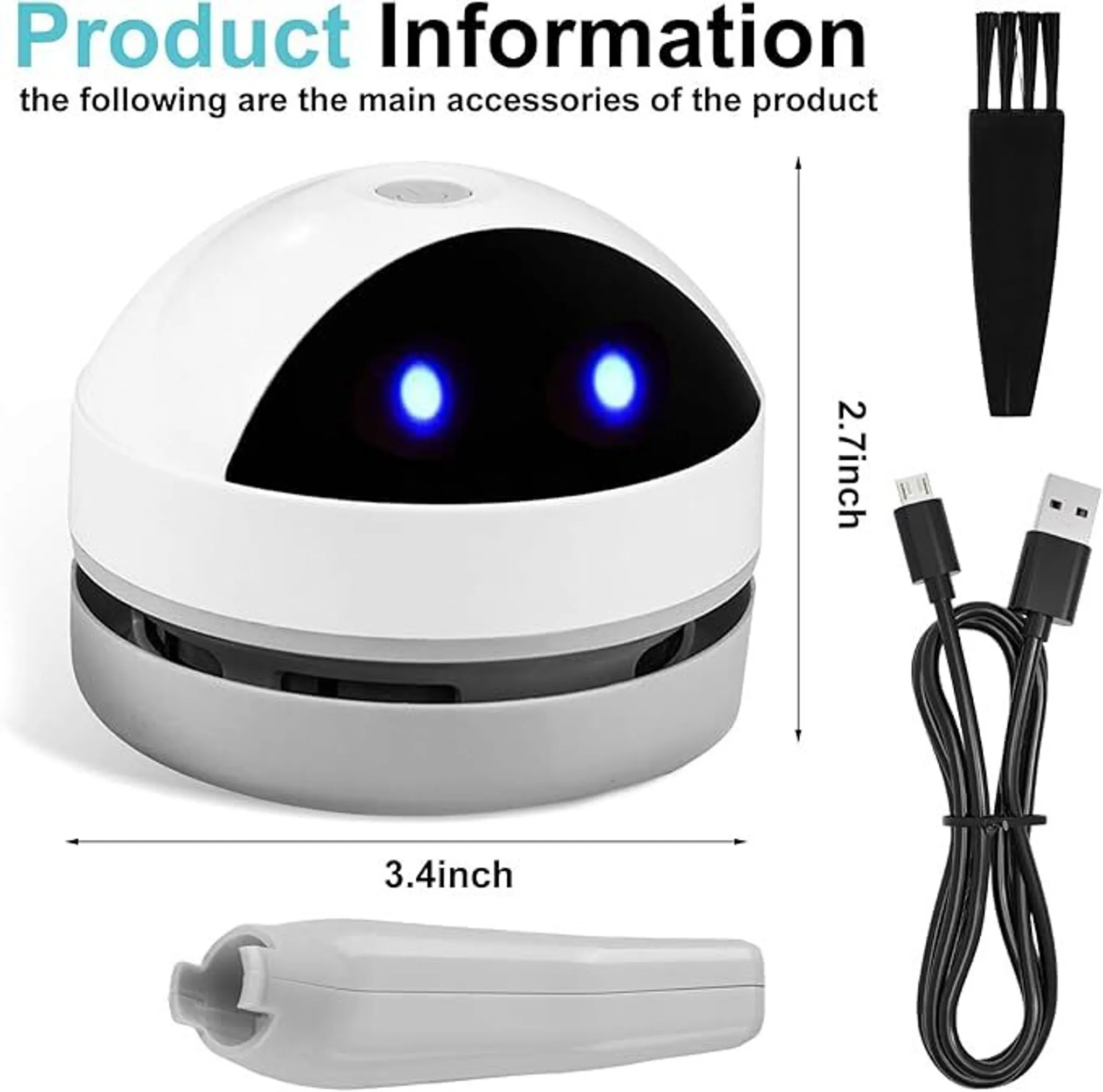 Ein weißes und graues Produkt mit Zubehör, darunter eine Bürste, ein Ladekabel und ein kleines Teil. Produktabmessungen werden angezeigt.