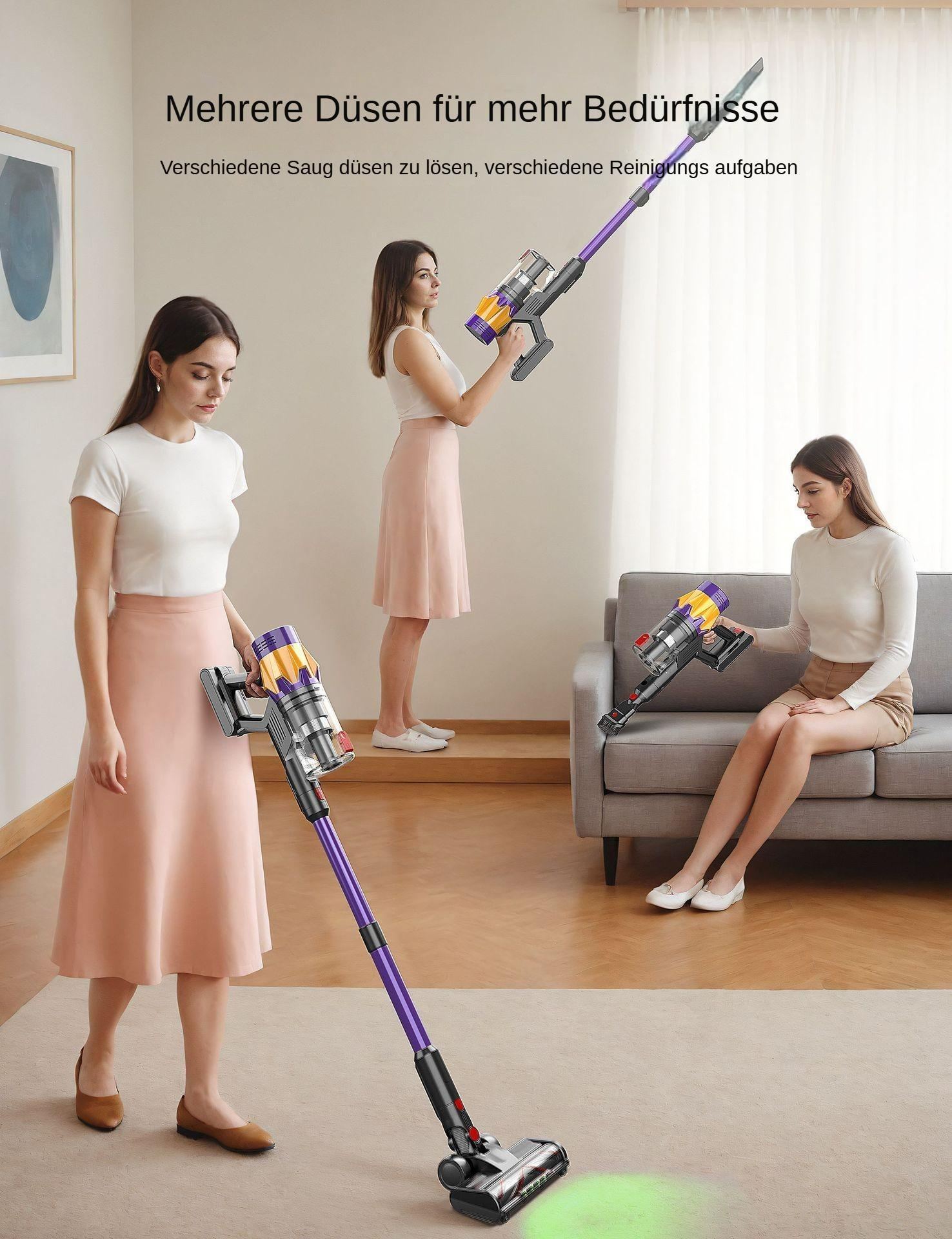 Drei Frauen benutzen Staubsauger. Eine geht, eine hält ihn hoch, und eine sitzt auf einem Sofa. Staubsauger sind lila und gelb.