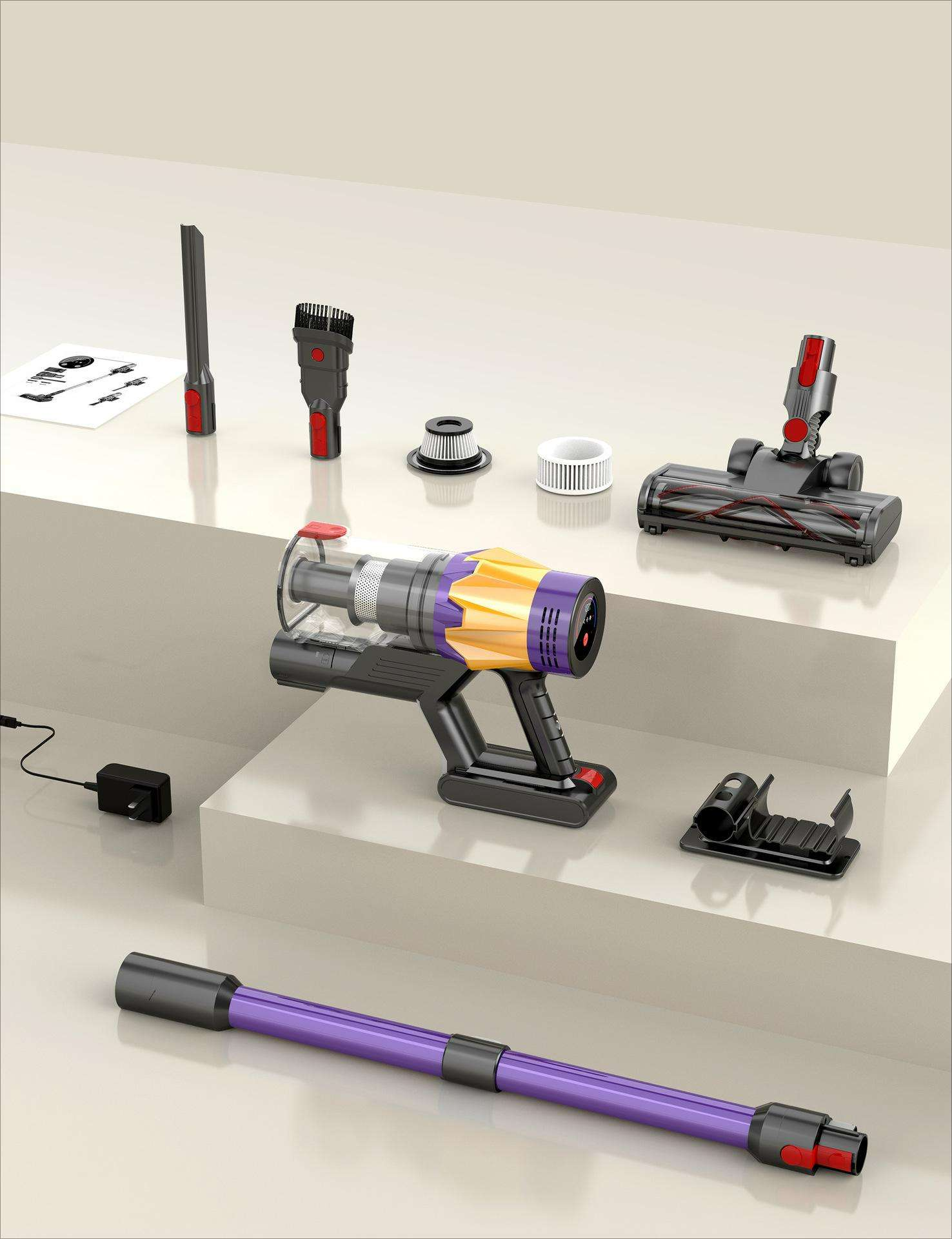 Ein Dyson-Staubsauger und seine Teile sind auf einer weißen Oberfläche angeordnet. Es beinhaltet das Hauptgerät, Zubehör und ein Ladegerät.