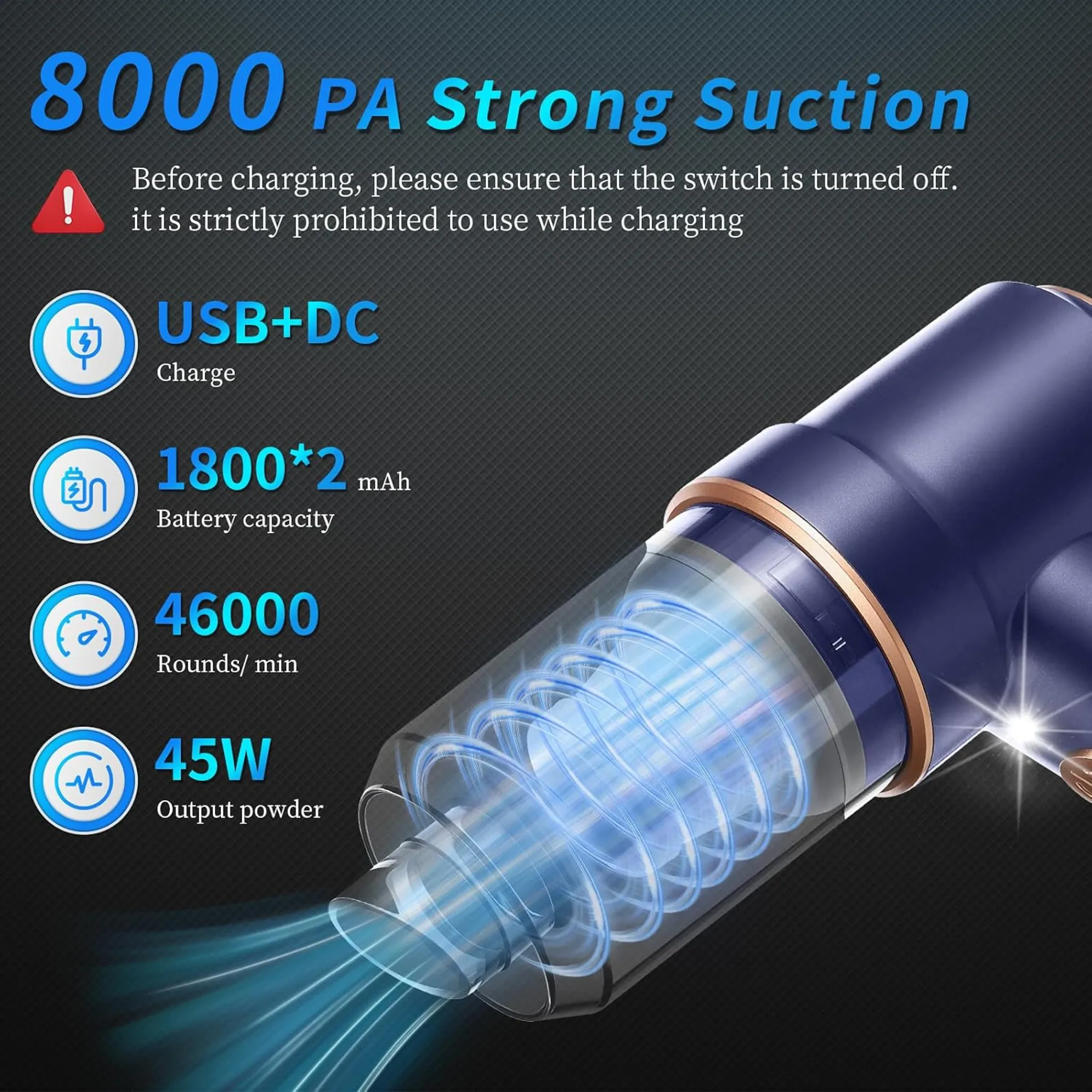 Blauer und goldener Staubsauger mit Spezifikationen: 8000 PA, USB+DC, 1800*2 mAh, 46000 U/min, 45W.
