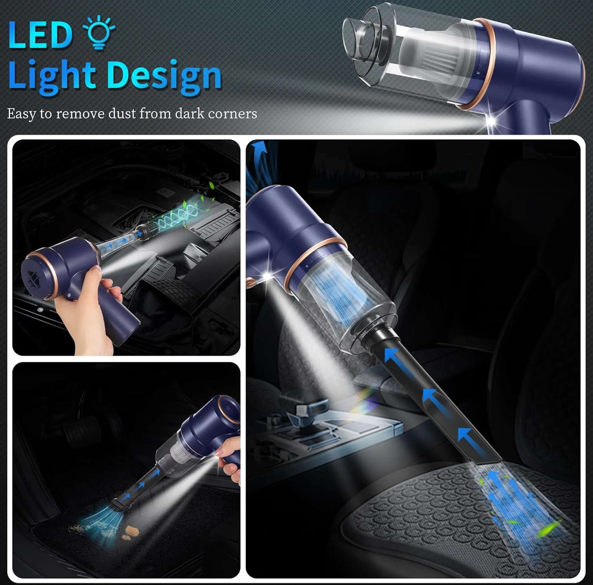 Ein Handstaubsauger mit LED-Licht wird gezeigt. Der Staubsauger ist blau und hat einen transparenten Staubbehälter. Er entfernt Staub aus Autos.