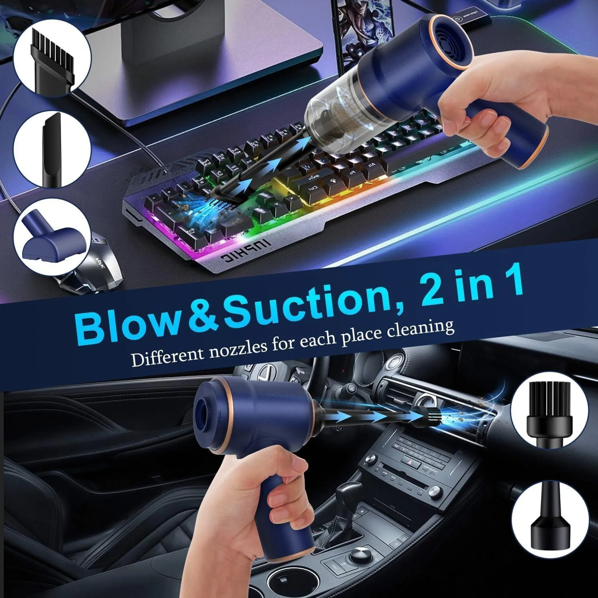 Ein Handstaubsauger reinigt eine Tastatur. Verschiedene Düsen sind abgebildet. Der Text lautet: Blow & Suction, 2 in 1.