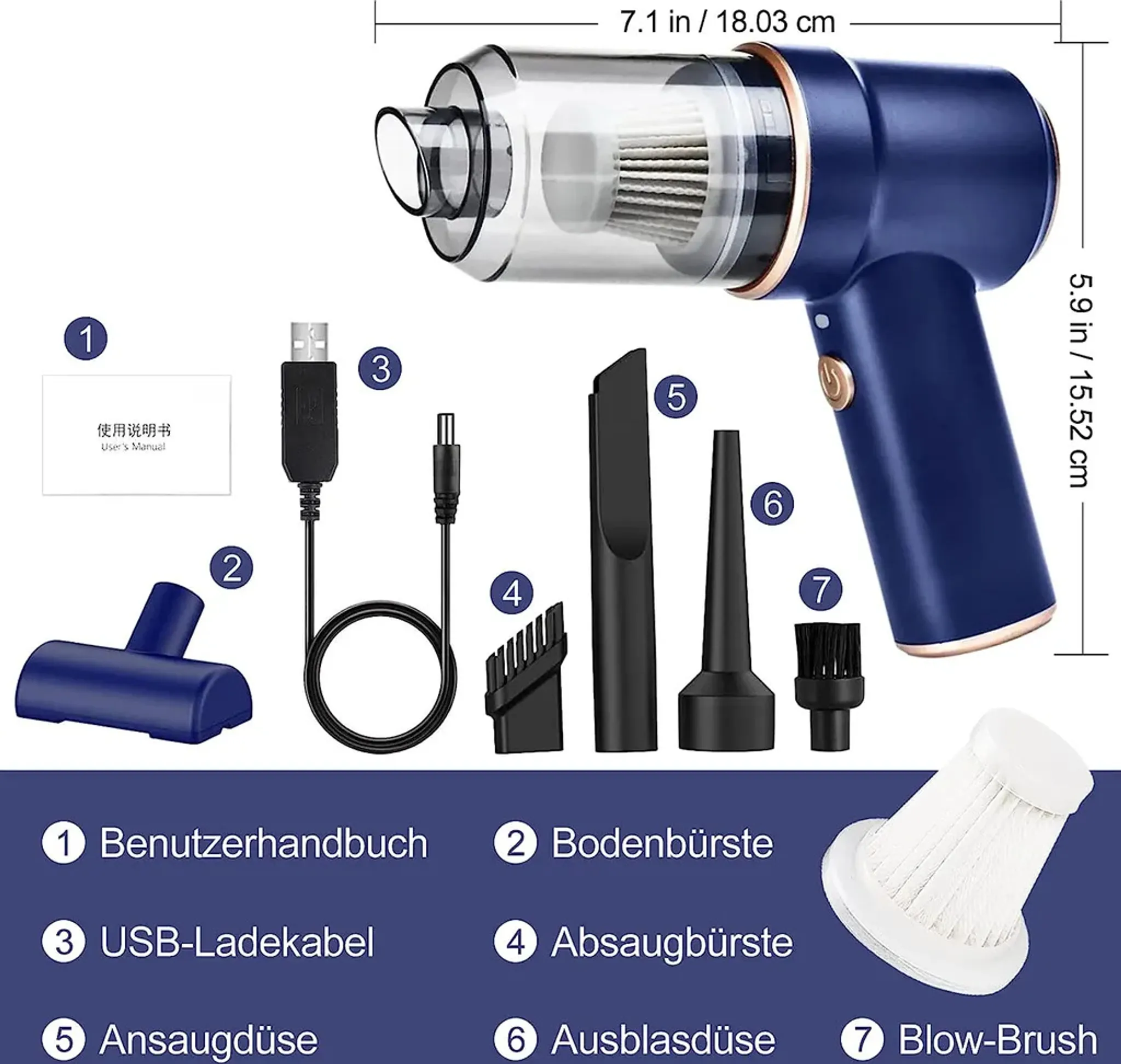 Ein Handstaubsauger mit Zubehör. Enthält eine Bedienungsanleitung, ein USB-Kabel und verschiedene Reinigungsaufsätze, alles auf weißem Grund.