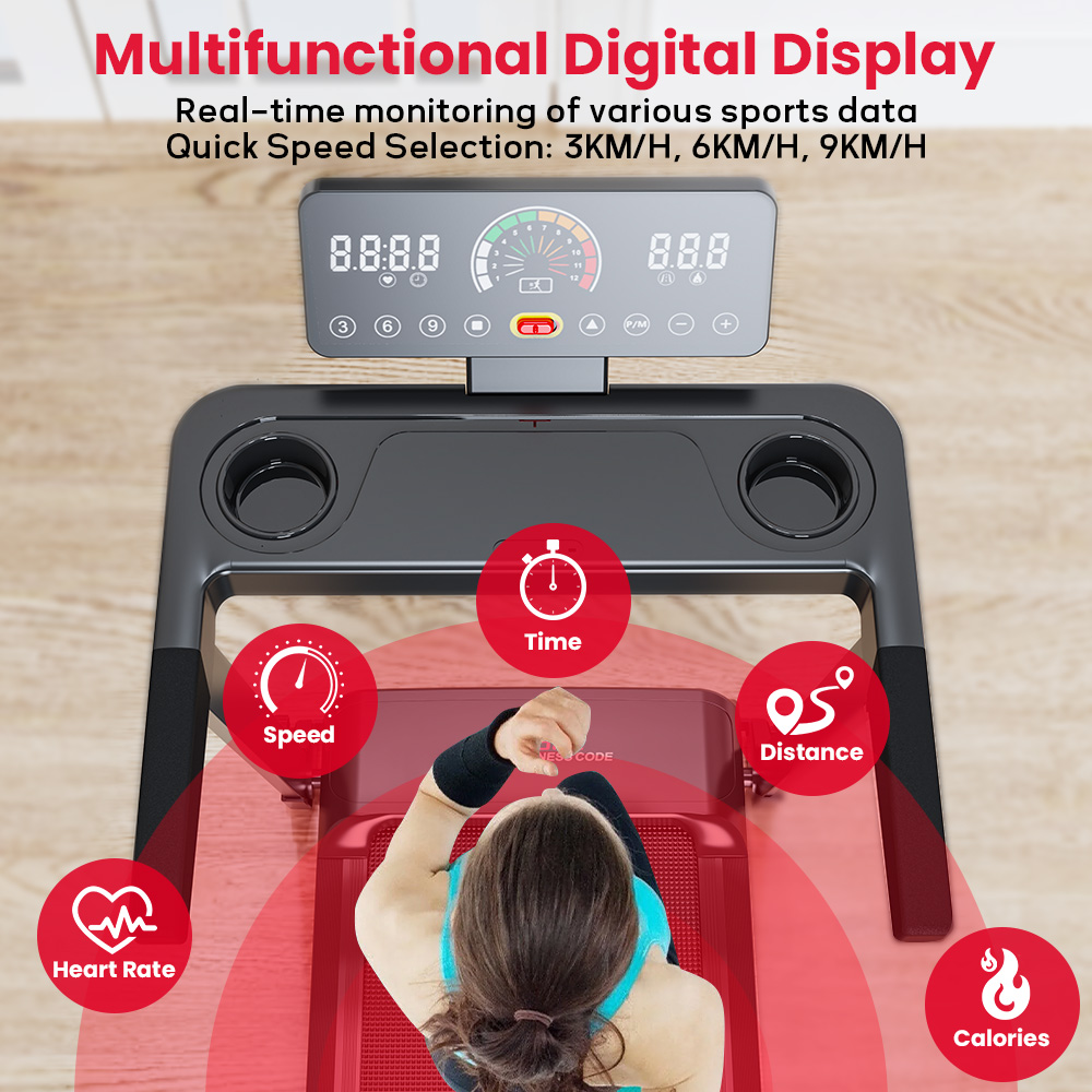 Osoba korzysta z bieżni. Wyświetlacz pokazuje prędkość, czas, dystans, tętno i kalorie. Ma cyfrowy wyświetlacz i uchwyty na kubki.