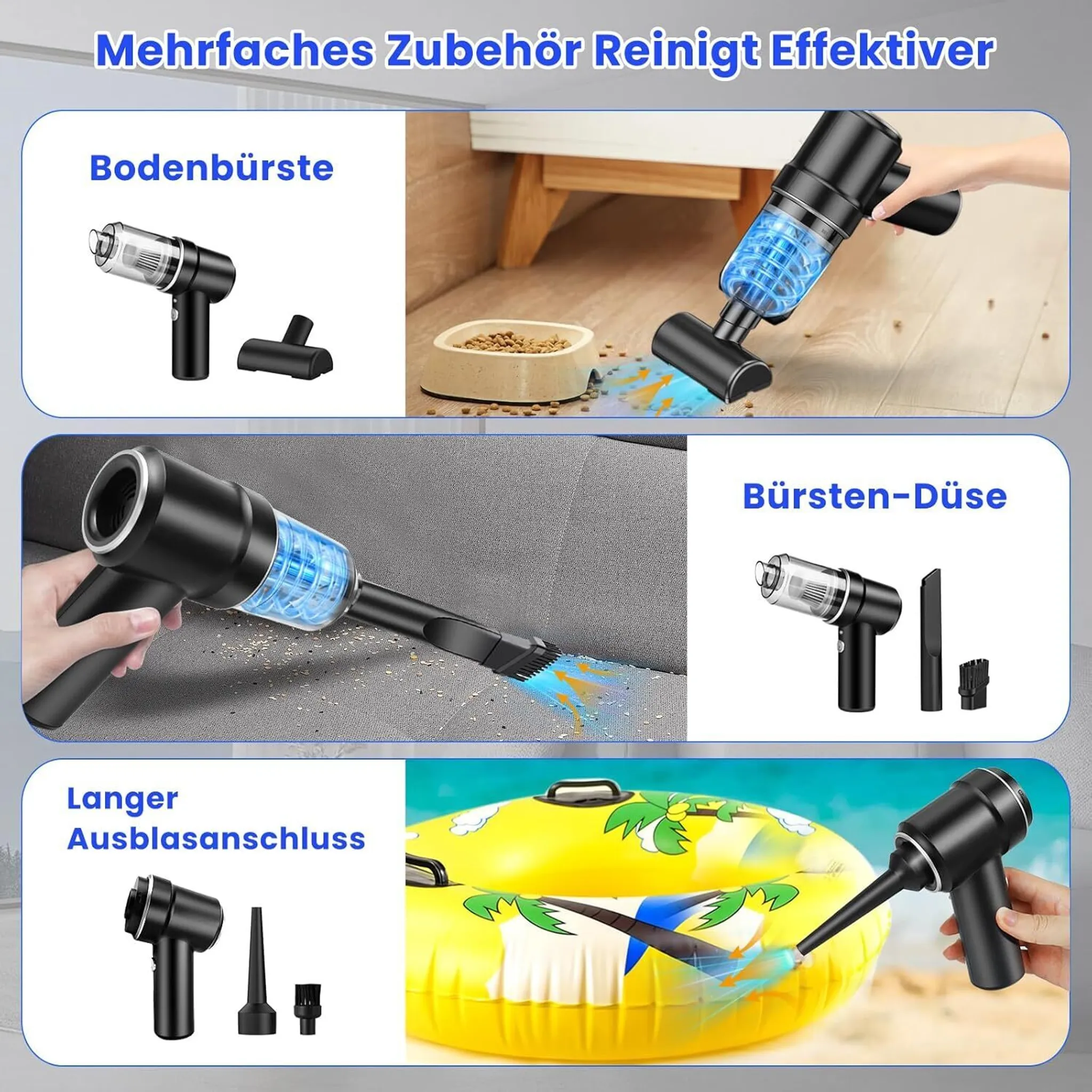 Das Bild zeigt einen Staubsauger mit verschiedenen Aufsätzen. Der Staubsauger ist schwarz und blau. Verschiedene Aufsätze sind abgebildet, sowie ein gelbes Schwimmbad.