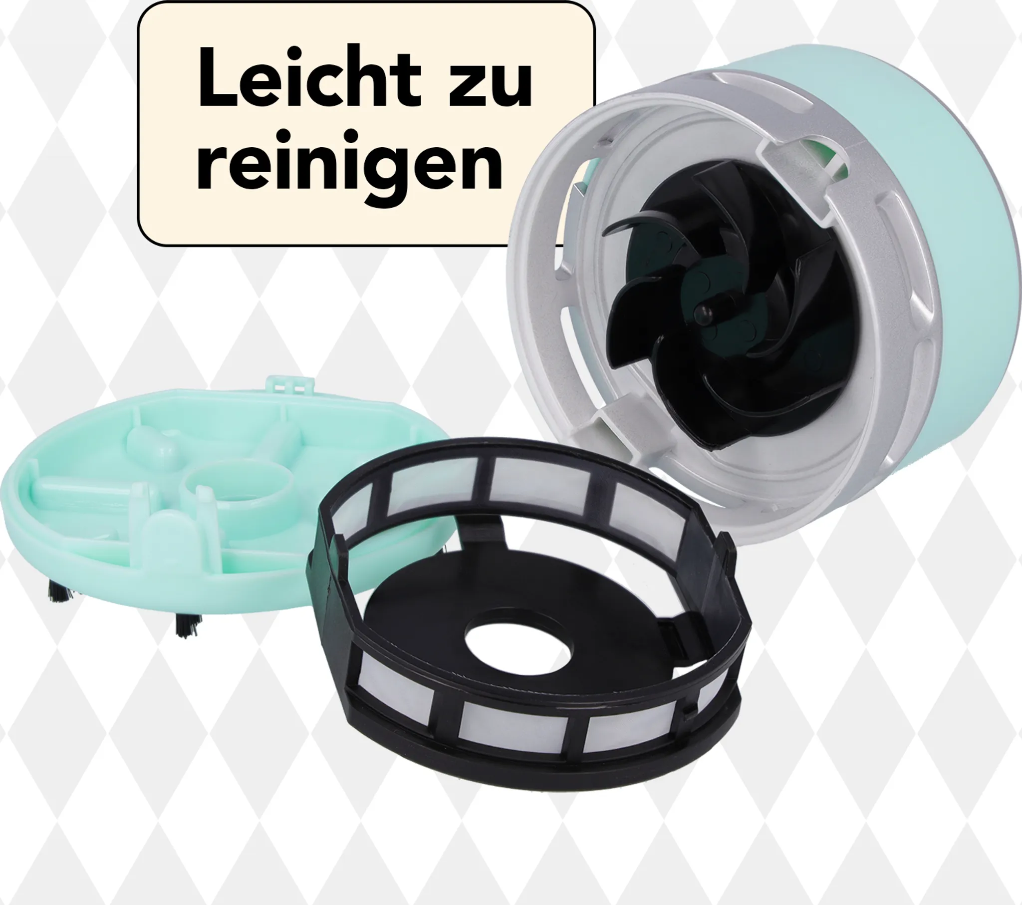 Zerlegter Staubsauger mit Teilen. Der Text 'Leicht zu reinigen' wird angezeigt. Teile sind in Mint, Schwarz und Weiß.
