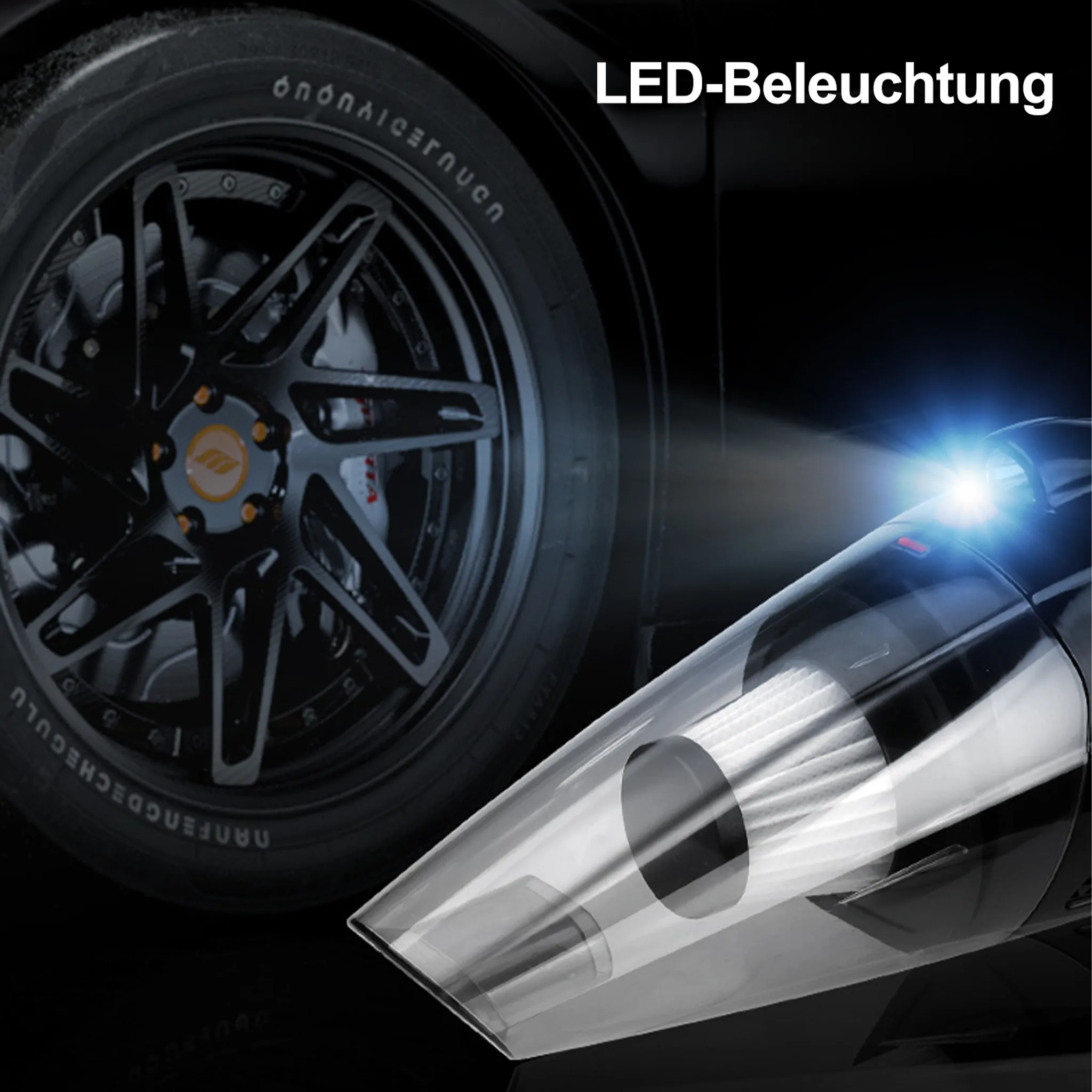 Ein Autoreifen neben einem Handstaubsauger mit hellem LED-Licht, das von ihm scheint.