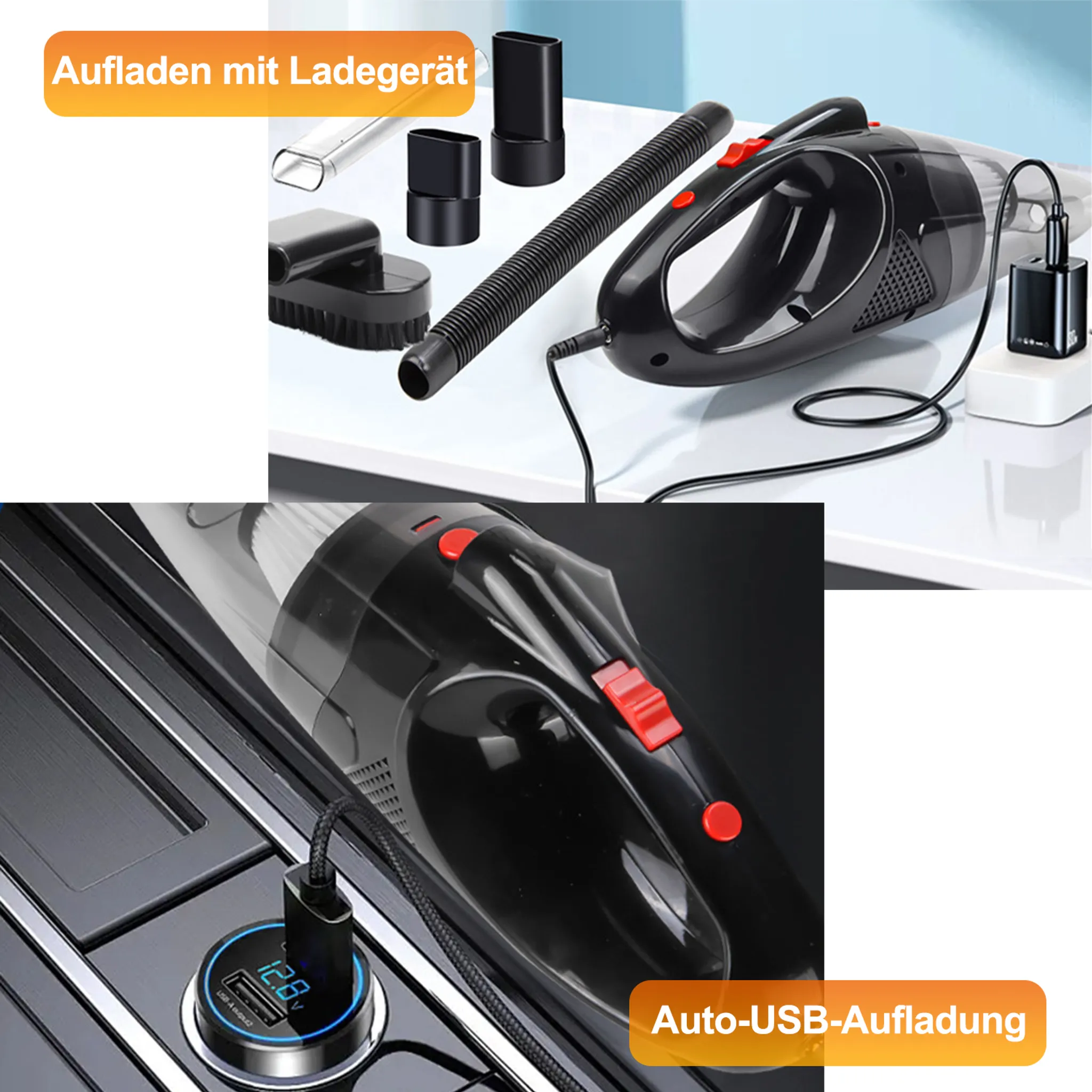 Ein schwarzer Handstaubsauger mit Zubehör. Er lädt. Ein USB-Autoladegerät befindet sich ebenfalls im Bild.