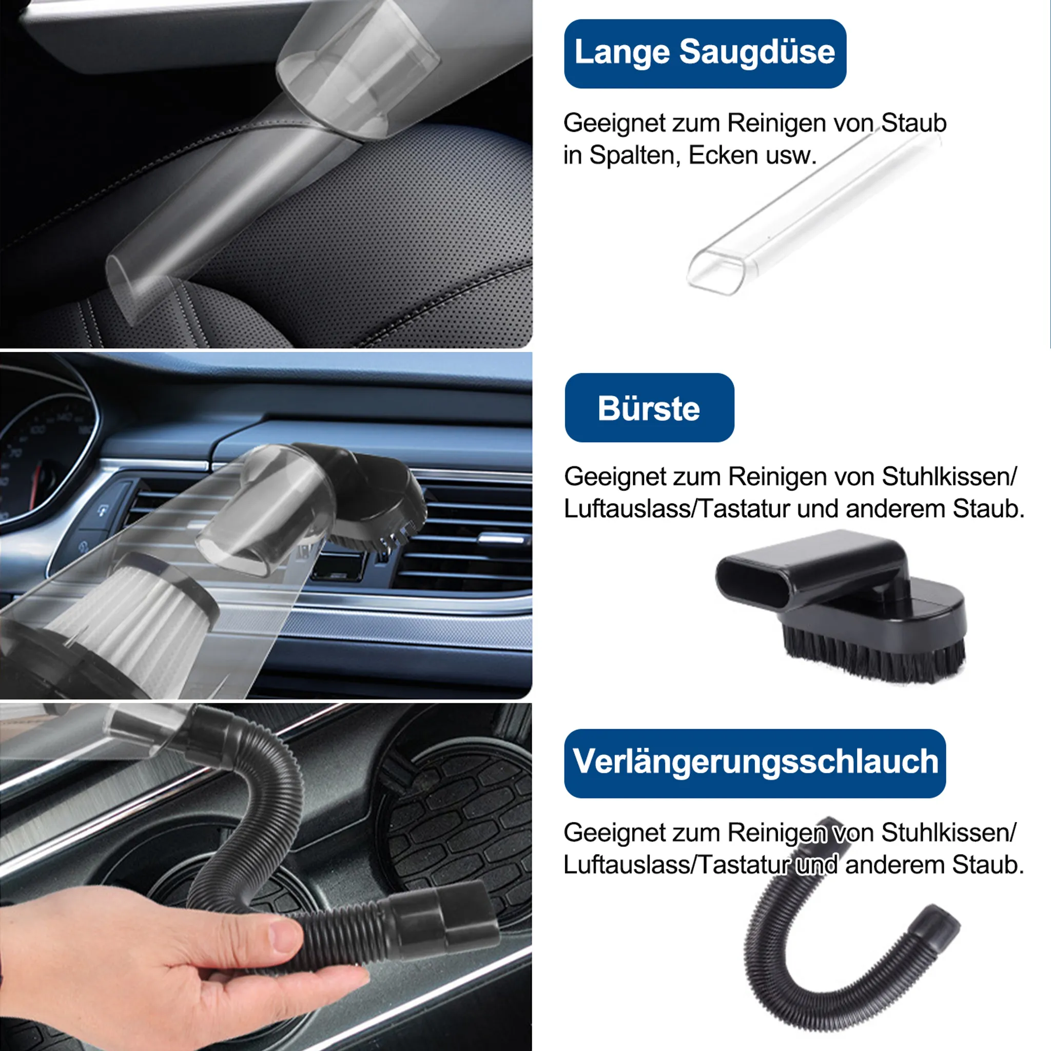 Das Bild zeigt Staubsaugeraufsätze: lange Düse, Bürste und Verlängerungsschlauch. Alles schwarz, zur Reinigung von Autoinnenräumen.