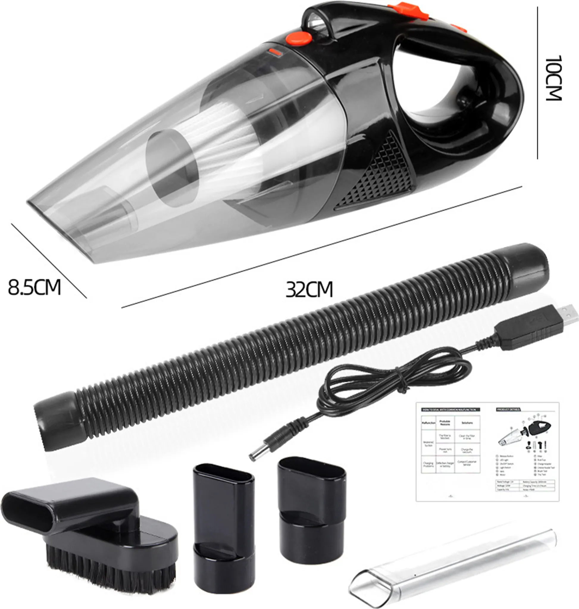 Schwarzer und klarer Handstaubsauger mit Zubehör: Bürste, Düsen, Schlauch und USB-Kabel. Abmessungen sind in cm angegeben.