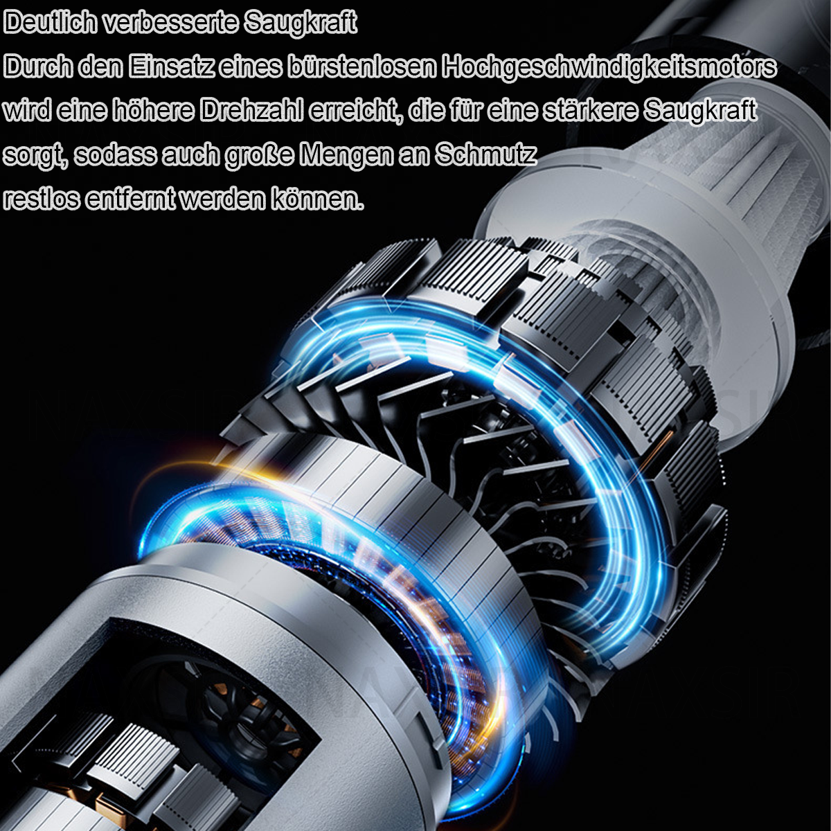 Nahaufnahme eines Staubsauger motors. Es zeigt metallische Komponenten, einen blau leuchtenden Ring und Text auf Deutsch.