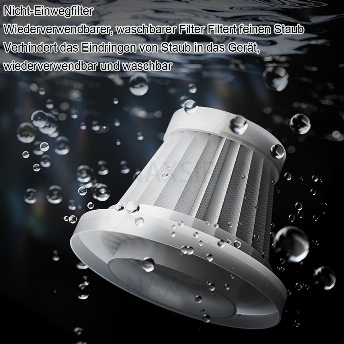 Ein weißer, wiederverwendbarer Filter mit Wabenstruktur ist in Wasser getaucht. Blasen umgeben den Filter auf schwarzem Hintergrund.