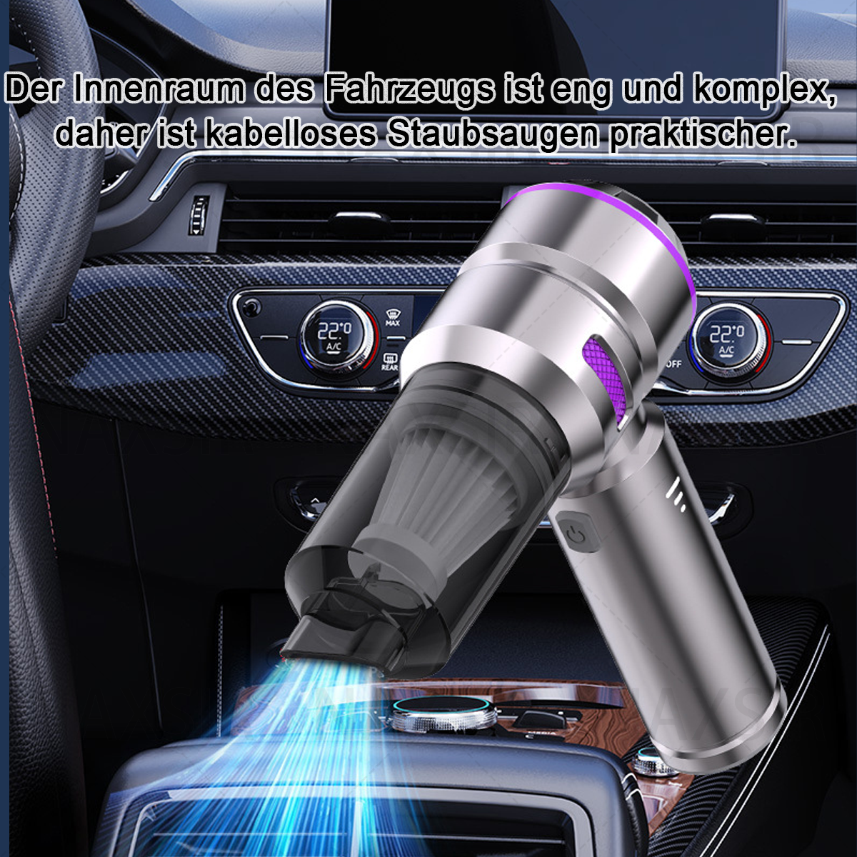 Ein kabelloser Staubsauger in einem Autoinnenraum. Der Staubsauger ist silberfarben mit einem transparenten Staubbehälter. Das Armaturenbrett des Autos ist sichtbar.