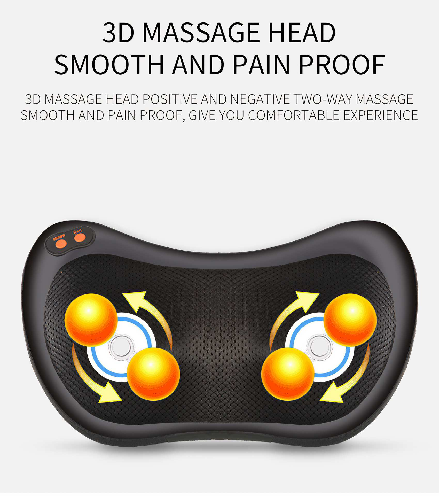 Ein schwarzes Massagegerät mit orangefarbenen Kugeln, Pfeilen und Knöpfen. Der Text lautet '3D Massage Head Smooth And Pain Proof'.