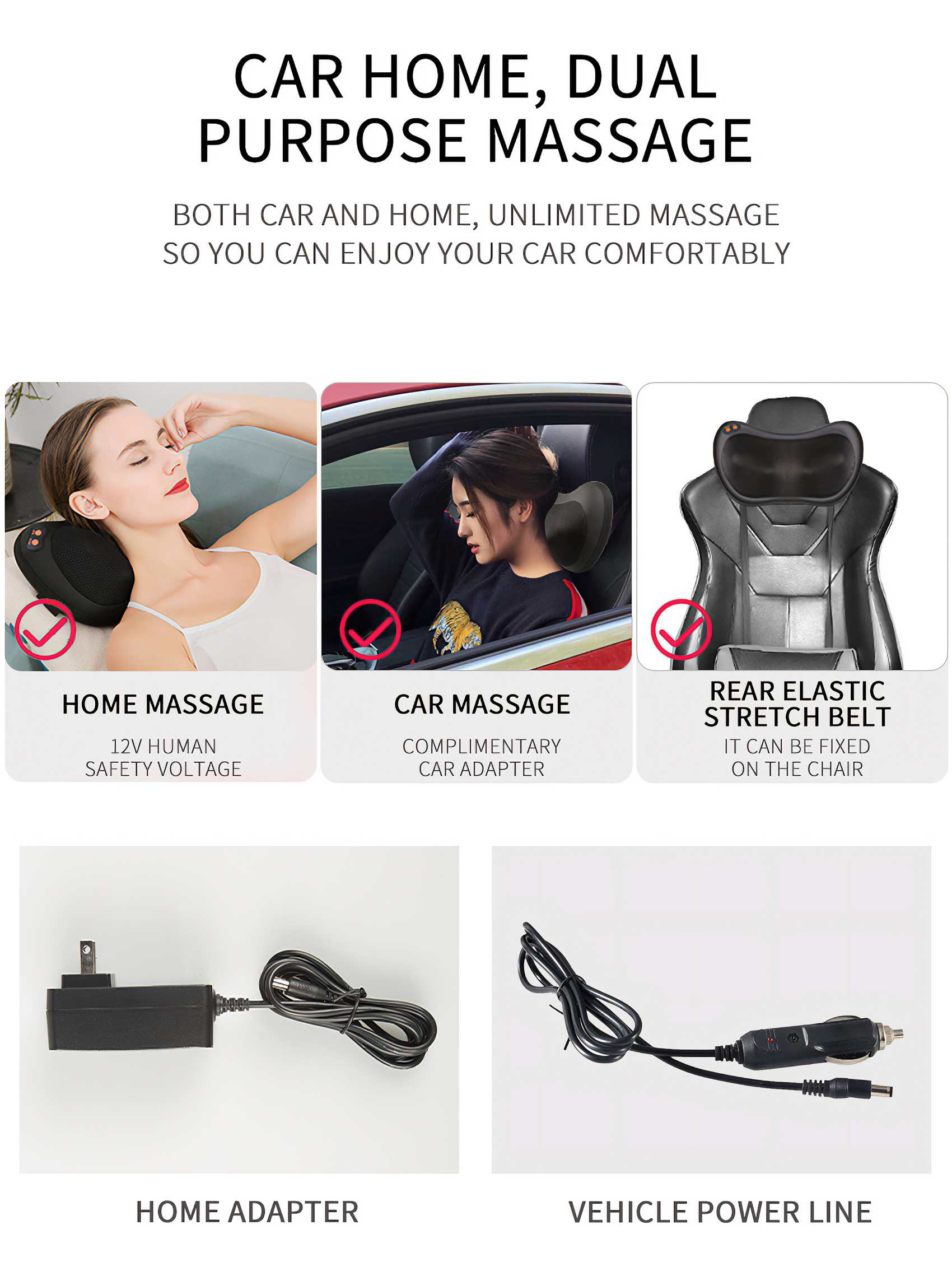 Das Bild zeigt Auto- und Hausmassageprodukte. Enthält Produktbilder und eine Frau, die ein Nackenmassagegerät benutzt.