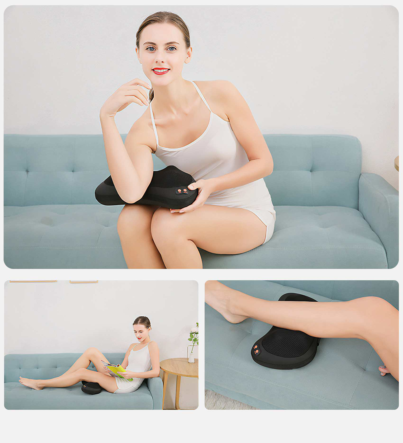 Frau auf einem Sofa mit einem Massagegerät. Andere Bilder zeigen die Anwendung am Bein.