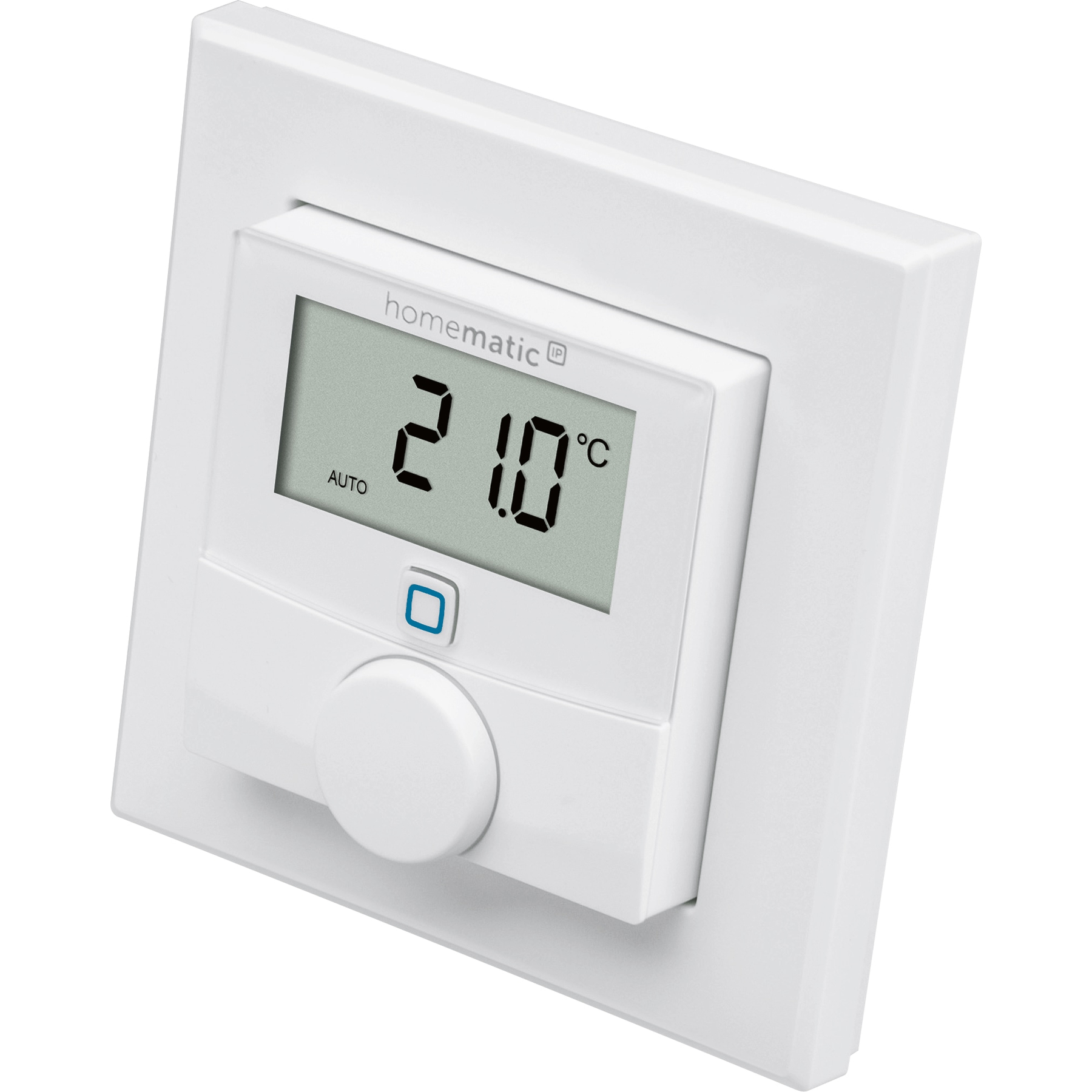 Weißer Thermostat mit Anzeige von 21,0°C, Drehknopf und Taste. Die Marke ist 'homematic'.