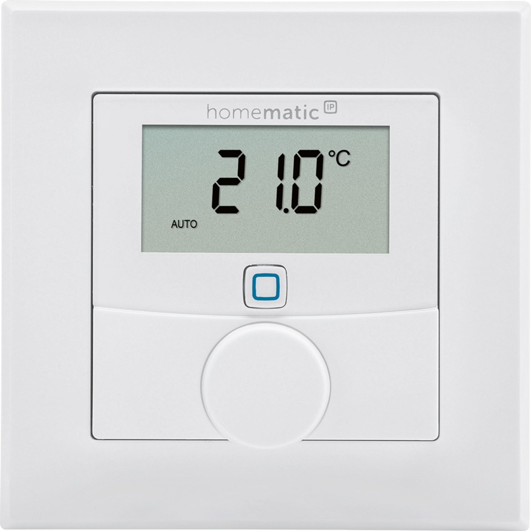 Ein weißer Wandthermostat zeigt auf seinem Bildschirm 21,0°C an. Es hat eine Taste und ein Rad.