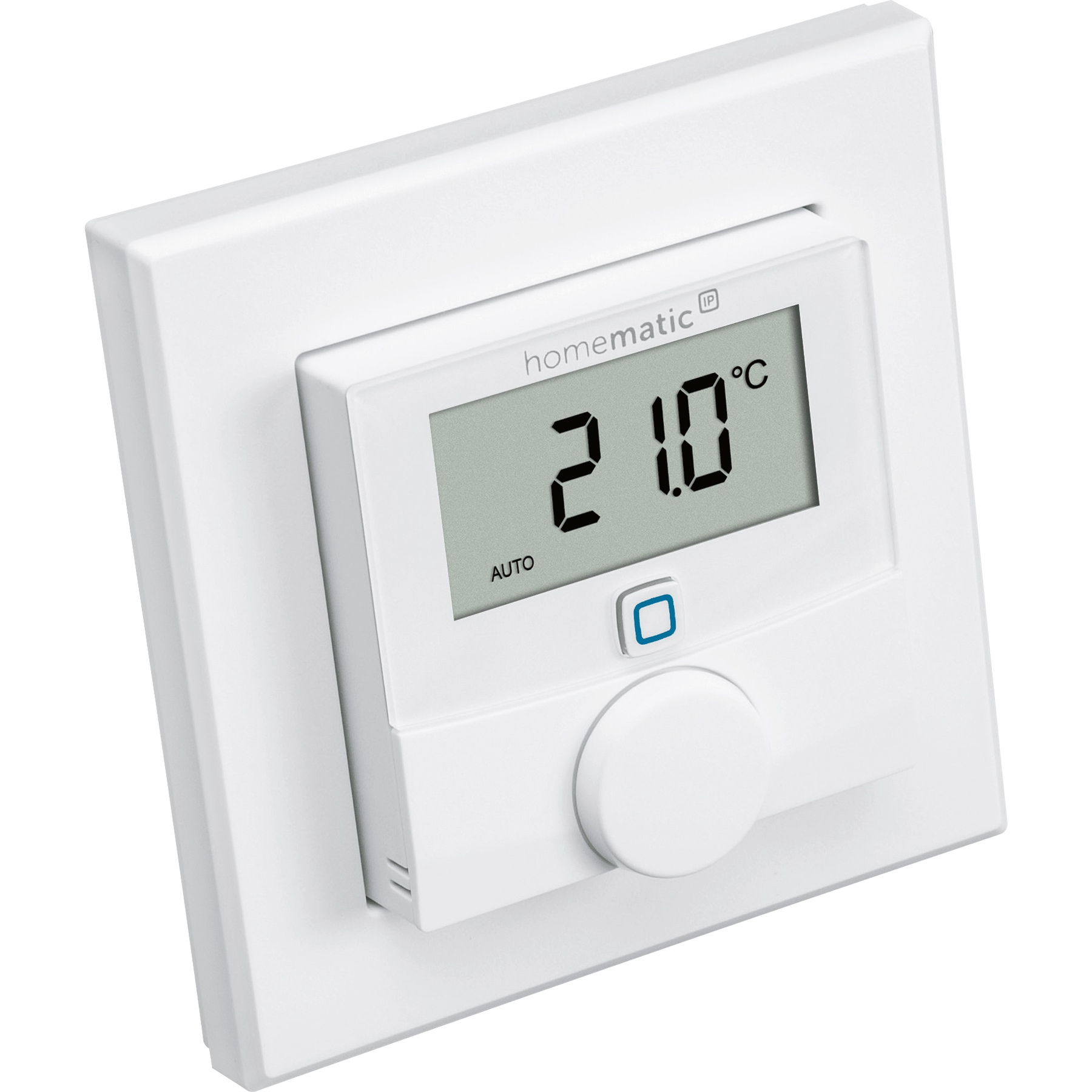 Ein weißes Homematic IP-Thermostat zeigt 21,0 °C an. Es hat einen Bildschirm, einen Knopf und ein Rad. Das Wort AUTO wird angezeigt.