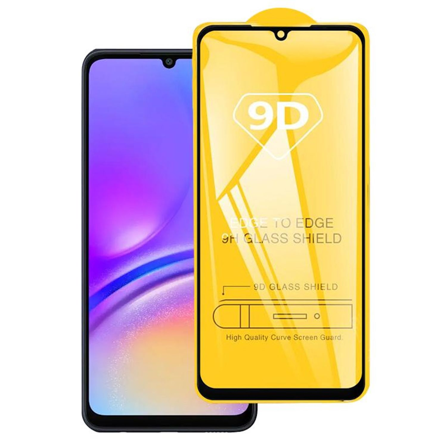 Uno smartphone con una protezione per schermo in vetro 9D giallo. Lo schermo del telefono mostra una sfumatura di colori viola e bianco.