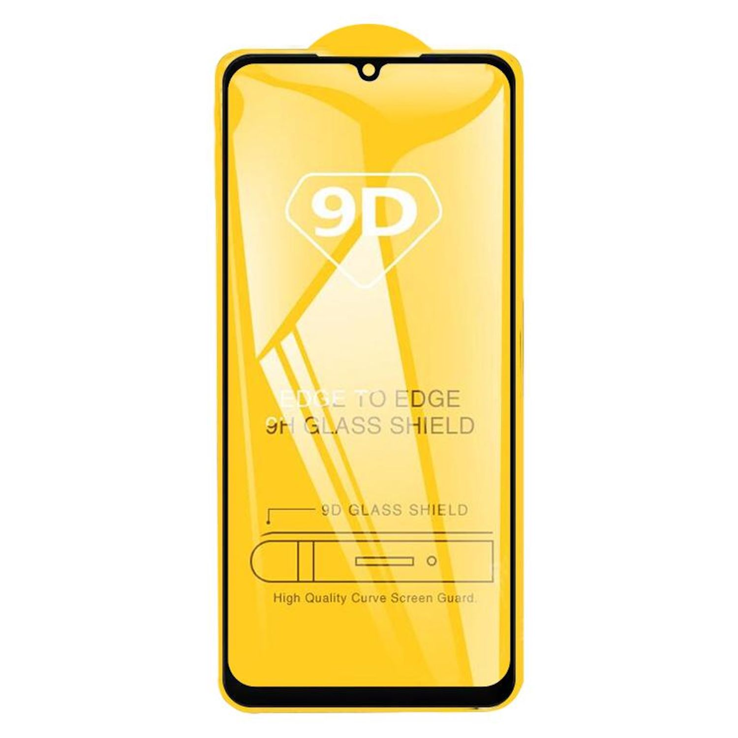 Un proteggi schermo giallo con testo: 9D, EDGE TO EDGE, 9H GLASS SHIELD, 9D GLASS SHIELD, High Quality Curve Screen Guard.