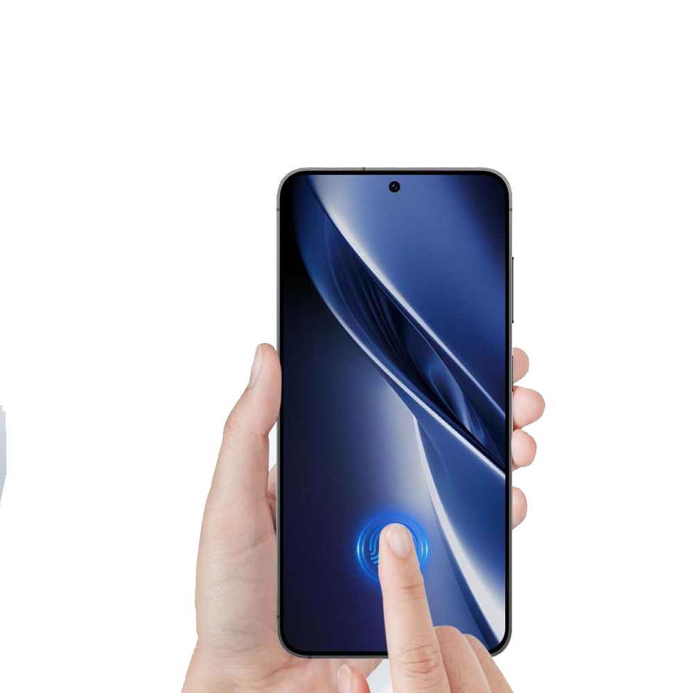 Eine Hand hält ein Smartphone. Ein Finger drückt auf den Bildschirm mit einer blauen Fingerabdruckgrafik. Der Bildschirm zeigt ein blaues, abstraktes Design.