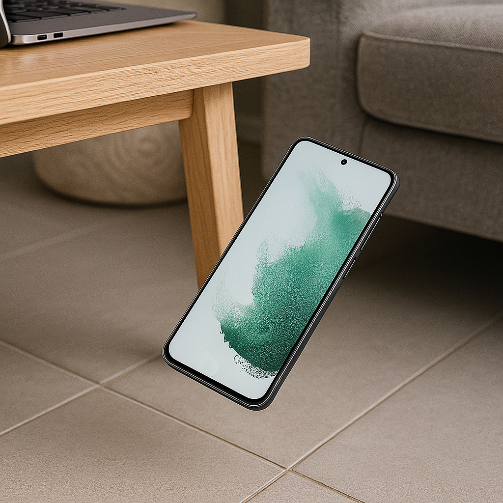 Ein Telefon schwebt in der Luft. Ein Holztisch, eine Couch und Fliesenboden sind im Hintergrund. Der Telefonbildschirm zeigt ein grünes Muster.