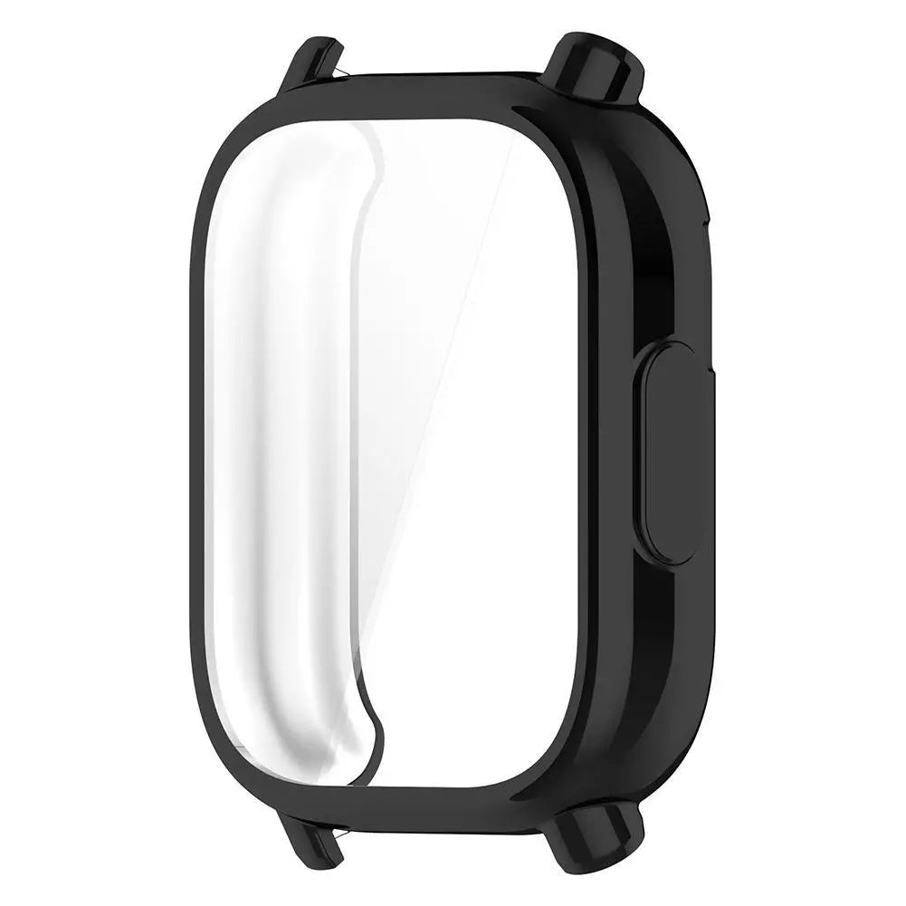 Eine schwarze Schutzhülle für eine Smartwatch. Sie hat einen durchsichtigen Displayschutz und ist rechteckig mit abgerundeten Ecken.
