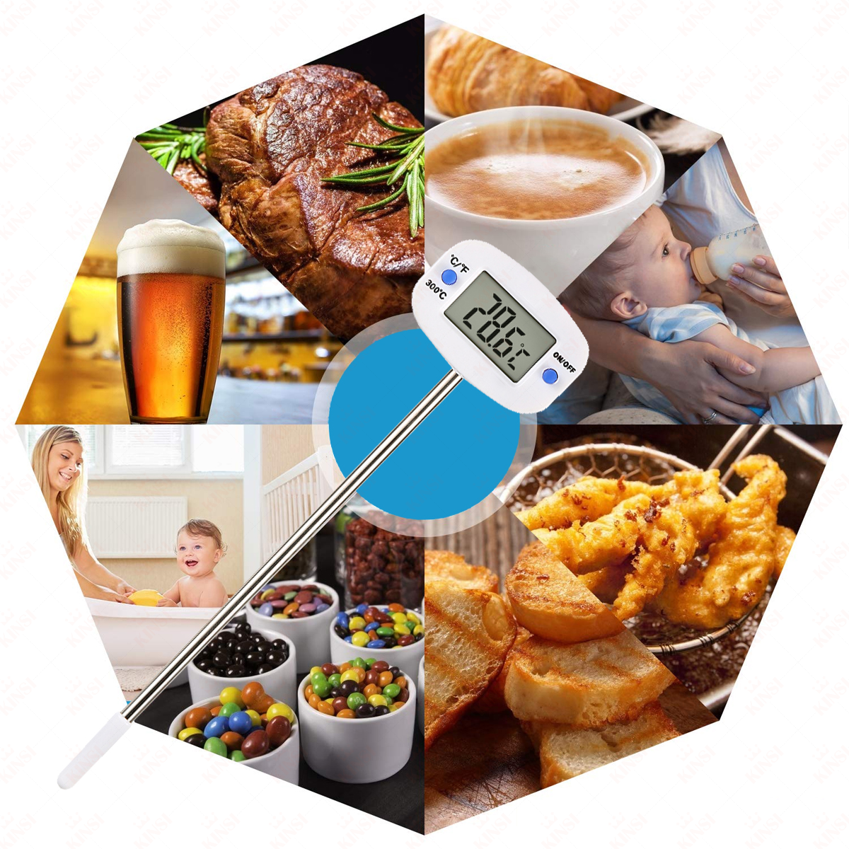 Thermometer zeigt 28,6 °C. Bilder zeigen Steak, Bier, Kaffee, Baby mit Flasche, frittiertes Essen, Süßigkeiten und ein Baby in der Badewanne.