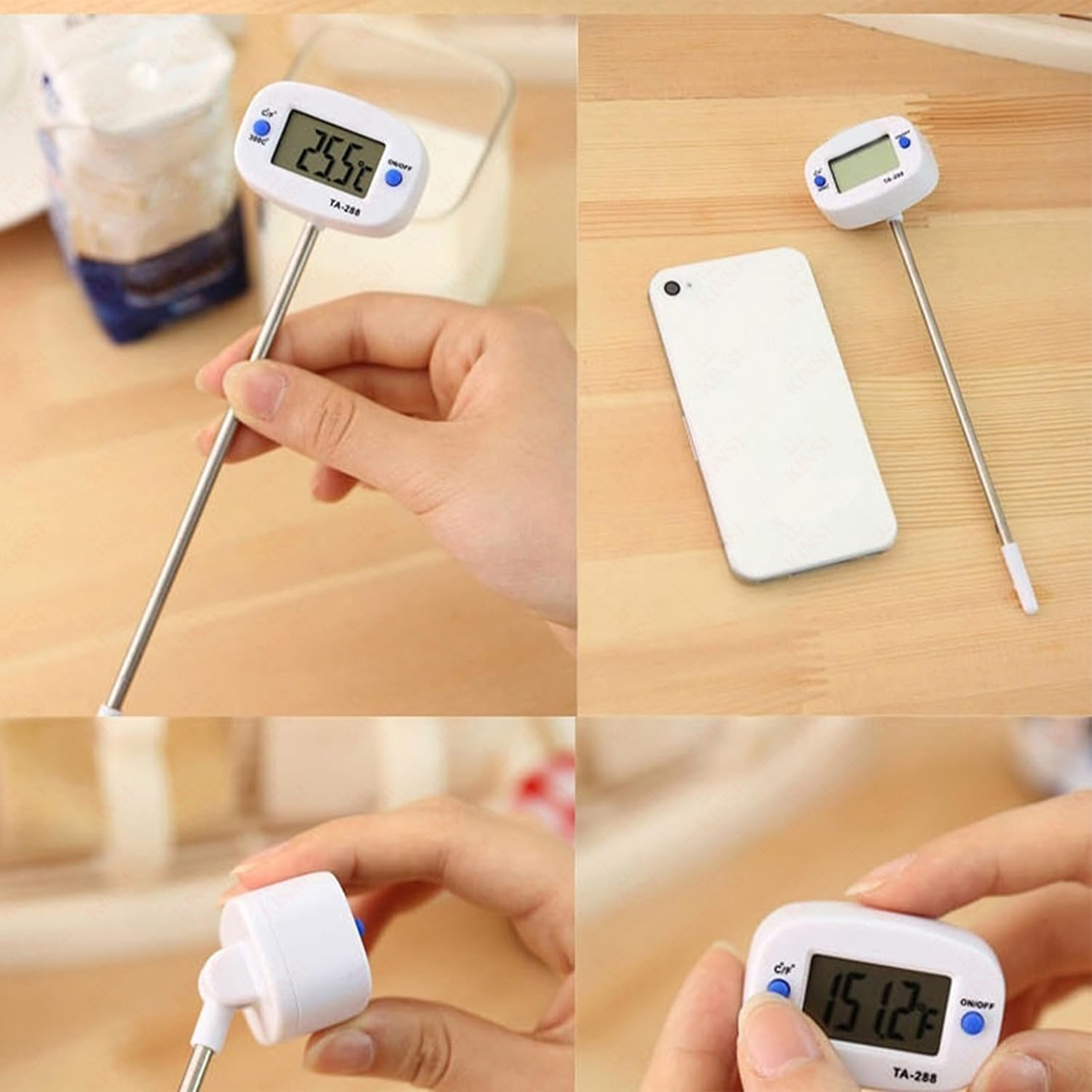 Ein digitales Thermometer zeigt 25,5 an. Eine Hand hält das Thermometer. Der Hintergrund umfasst ein Glas Flüssigkeit und andere Objekte.