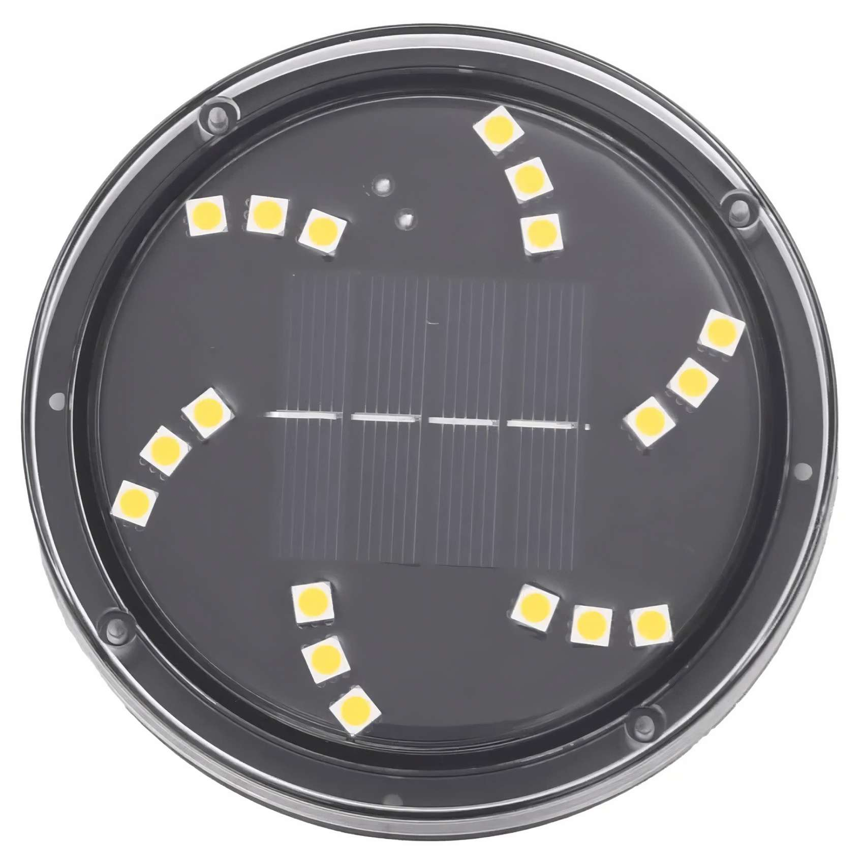 Eine kreisförmige Solarleuchte mit dunkelgrauem Innenraum, Solarpanel und gelben LED-Leuchten.