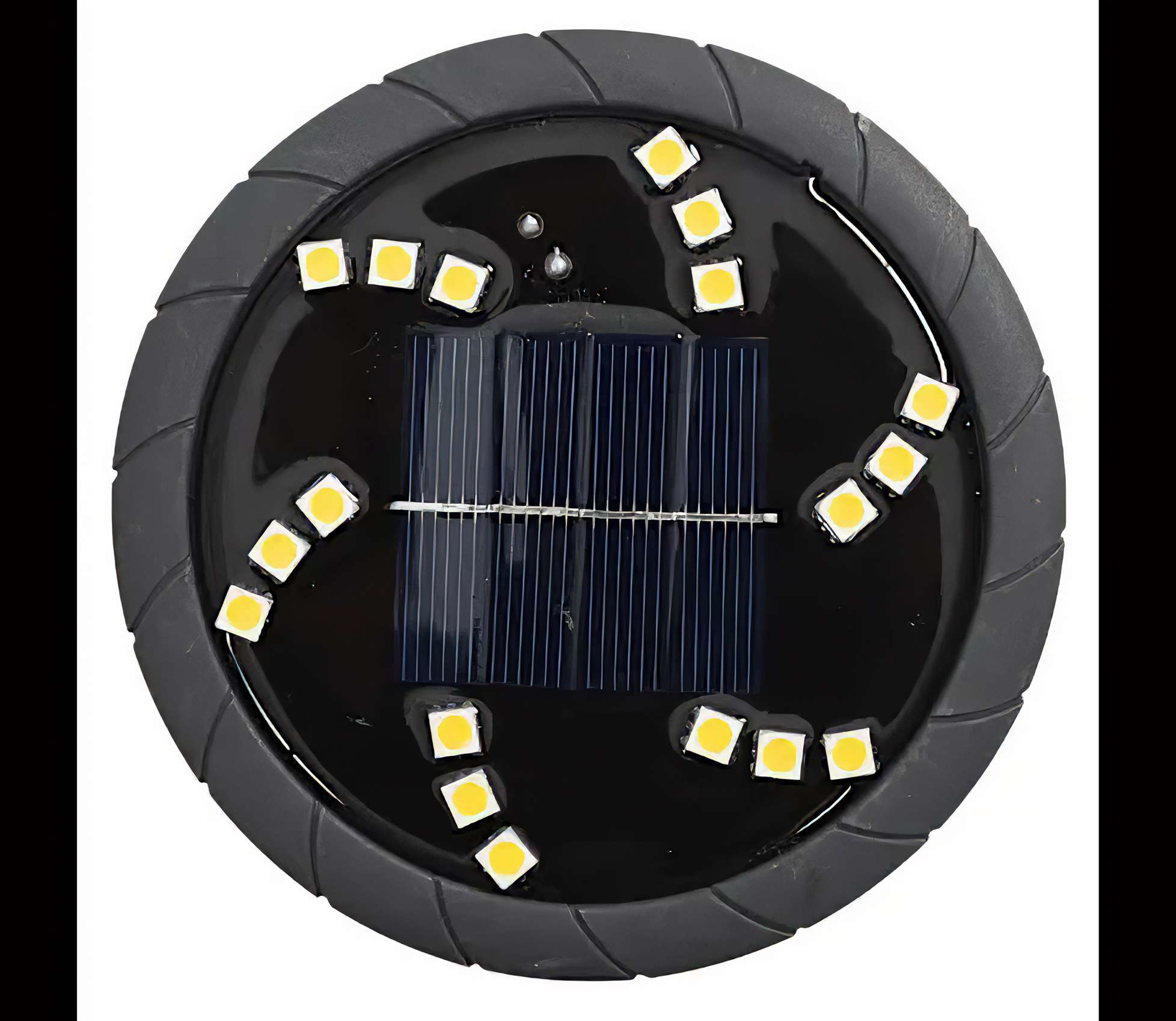 Solar-Gartenleuchte mit schwarzem Rand, Solarpanel in der Mitte und gelben LEDs am Rand.