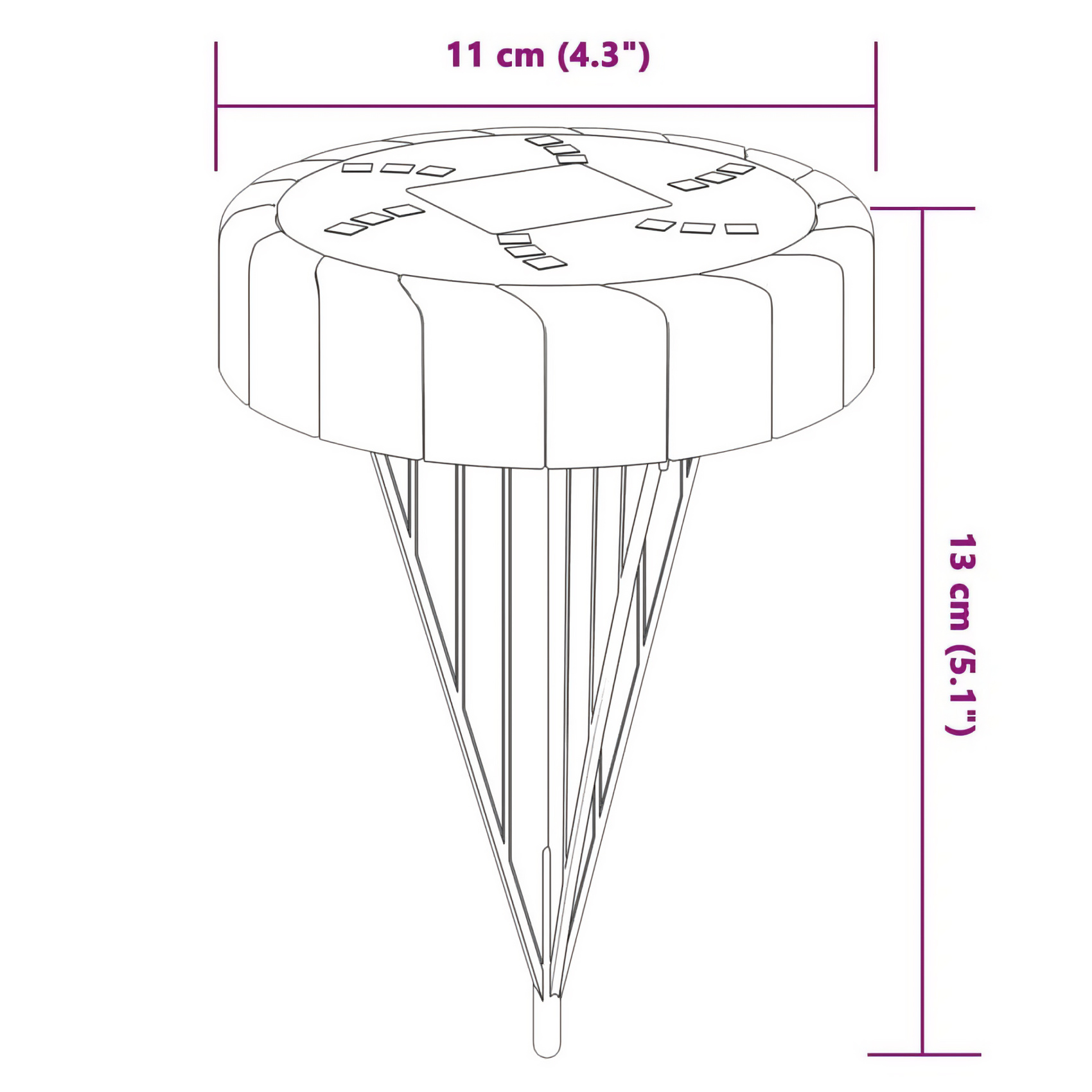 Stilisiertes Diagramm eines schirmartigen Objekts. Es hat eine runde Oberseite mit quadratischen Ausschnitten und eine konische, gestreifte Unterseite.