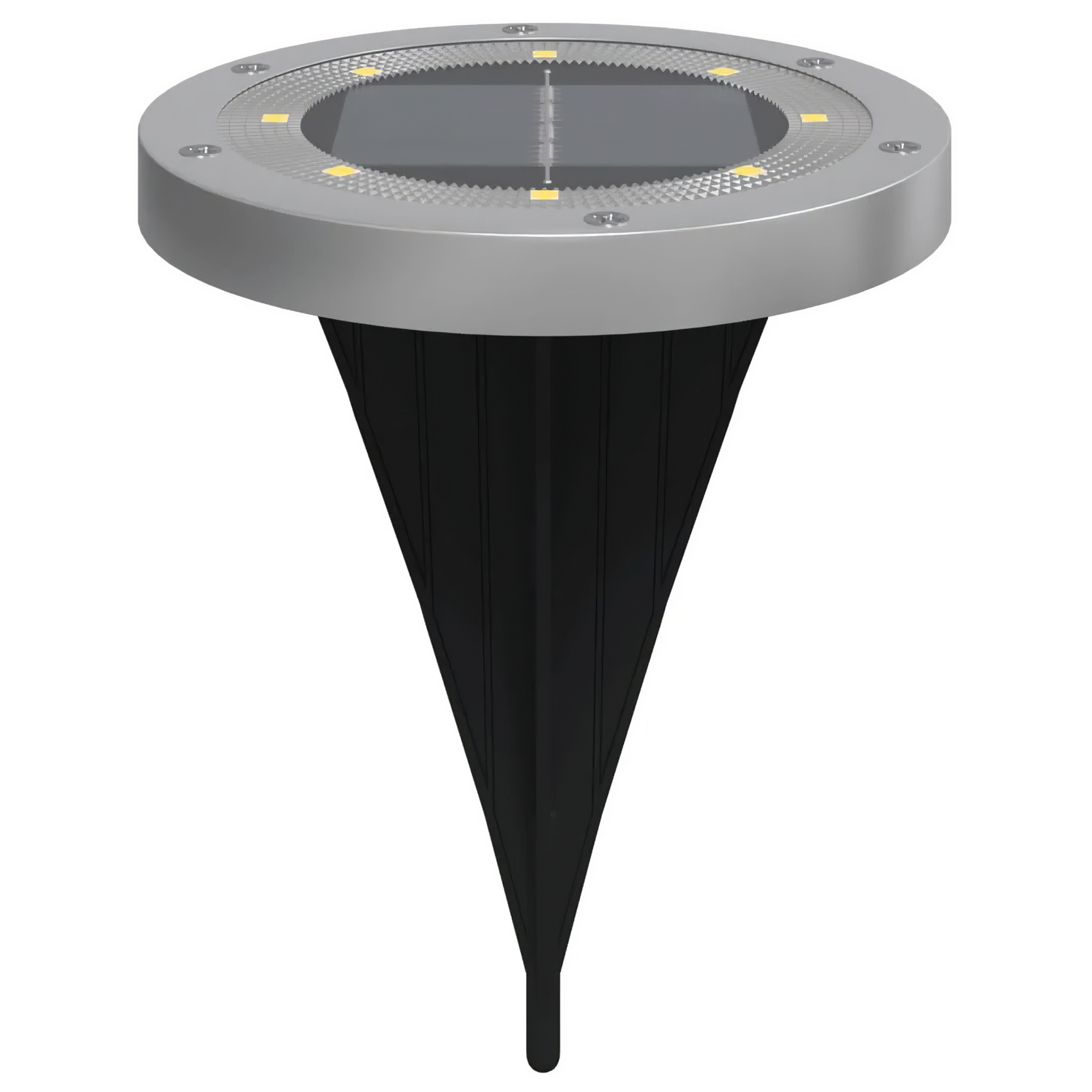 Solar-Gartenleuchte. Silberner Deckel mit gelben LEDs und einem schwarzen, dreieckigen Pfahl.