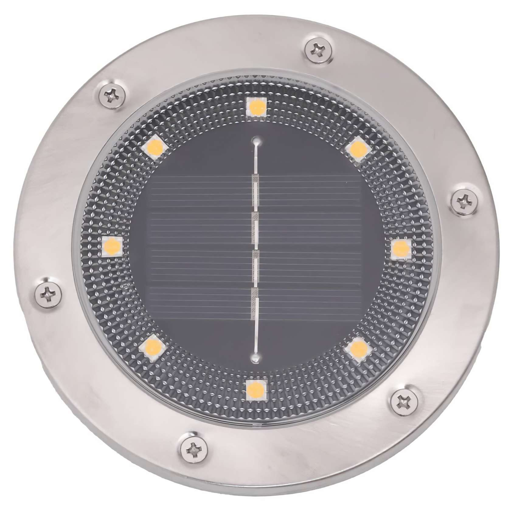 Ein solarbetriebenes LED-Licht. Es hat einen silbernen Metallring, eine dunkle Mitte mit Gittermuster und gelbe LED-Leuchten.