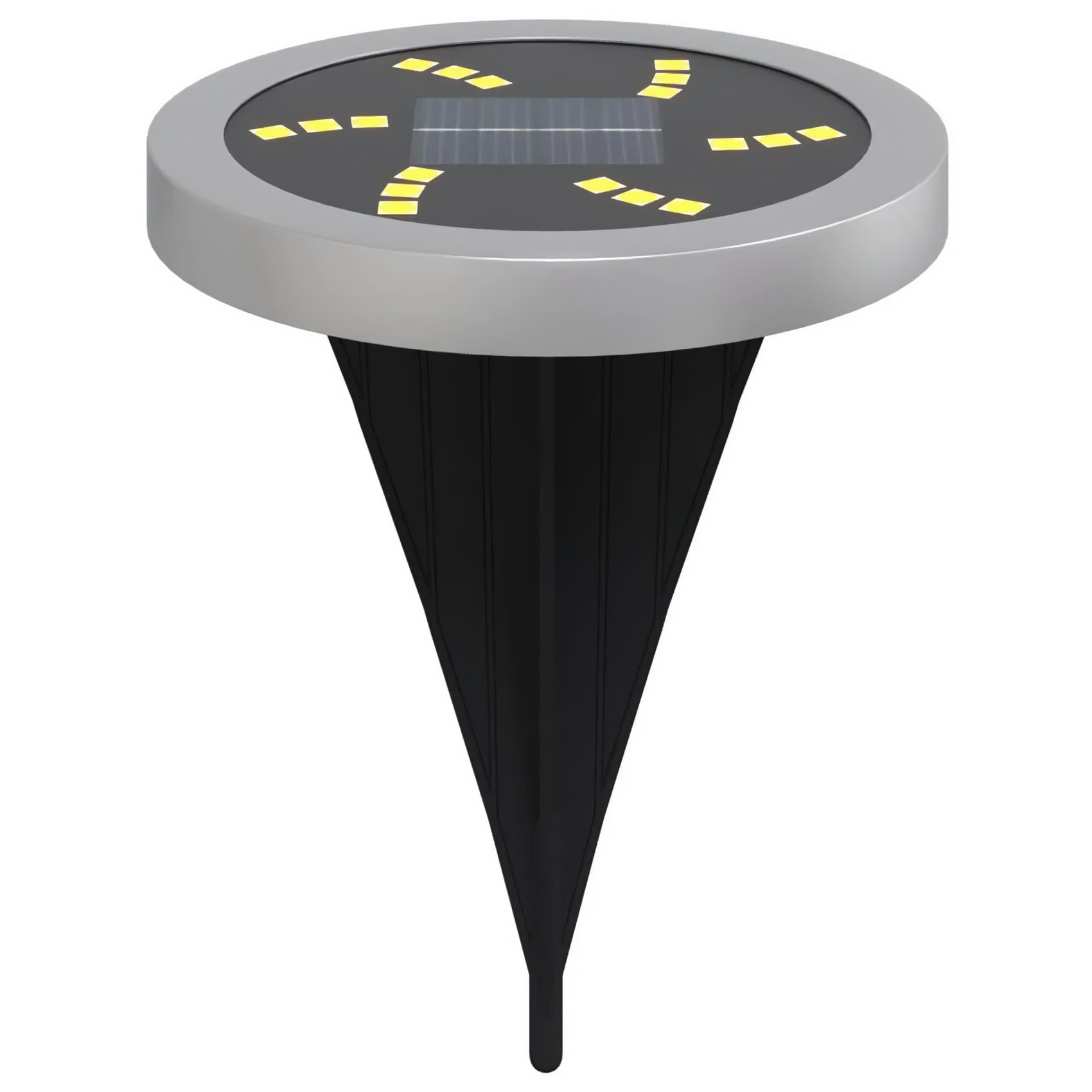 Solar-Gartenleuchte. Runde Oberseite mit Solarpanel und Lichtern. Silberner Rand. Schwarze kegelförmige Basis mit spitzem Ende.