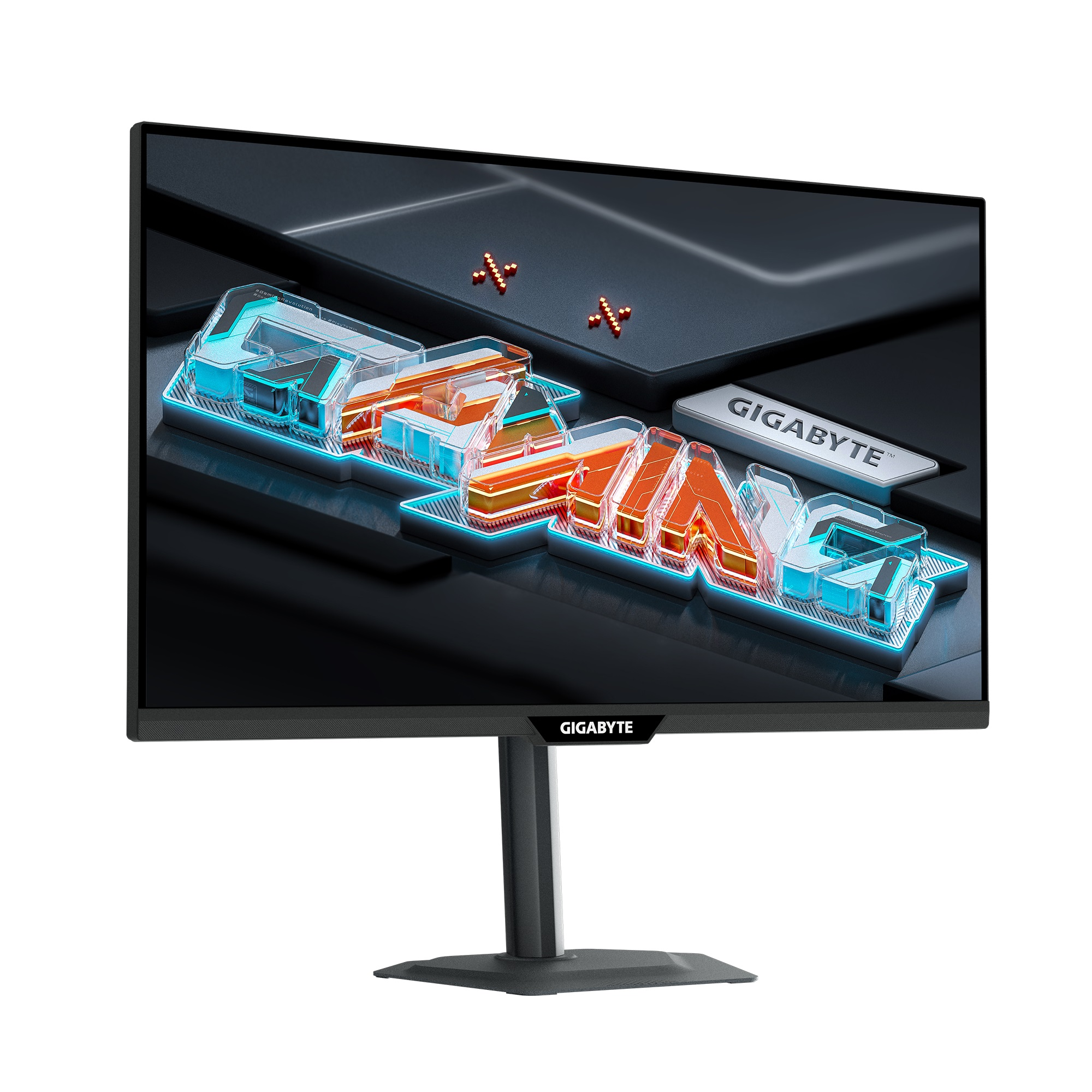 Monitor do gier Gigabyte wyświetla słowo 'GAMING' w stylizowanym designie, z czarnym tłem.