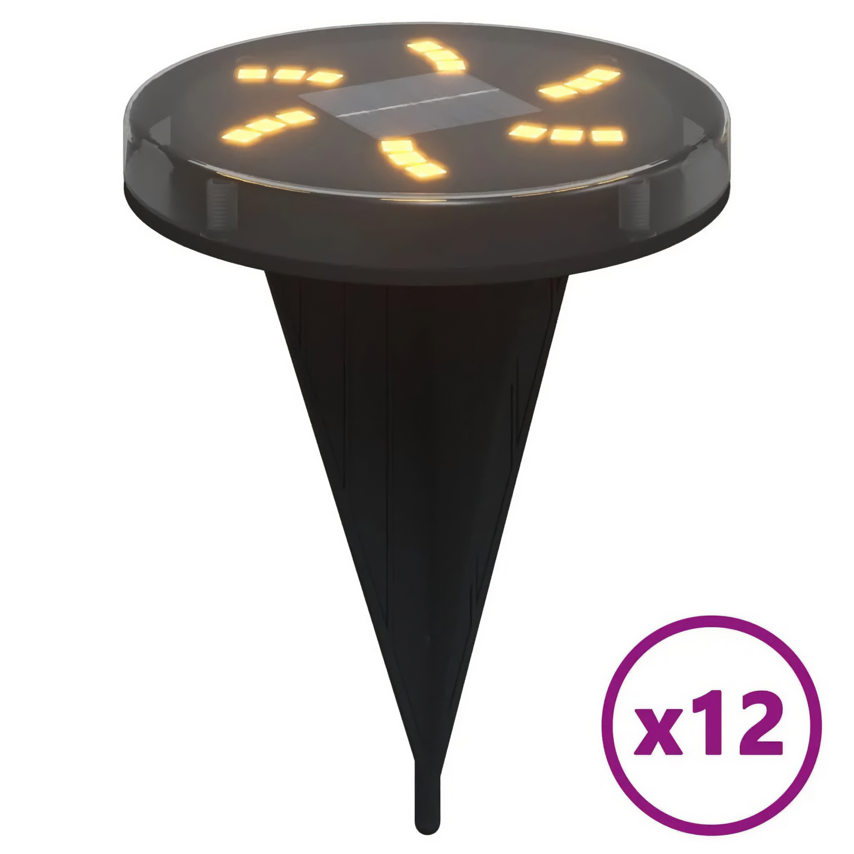 Eine Solar-Gartenleuchte. Sie hat eine runde Oberseite mit LED-Leuchten. Der Sockel ist kegelförmig. Das Bild zeigt die Menge x12.