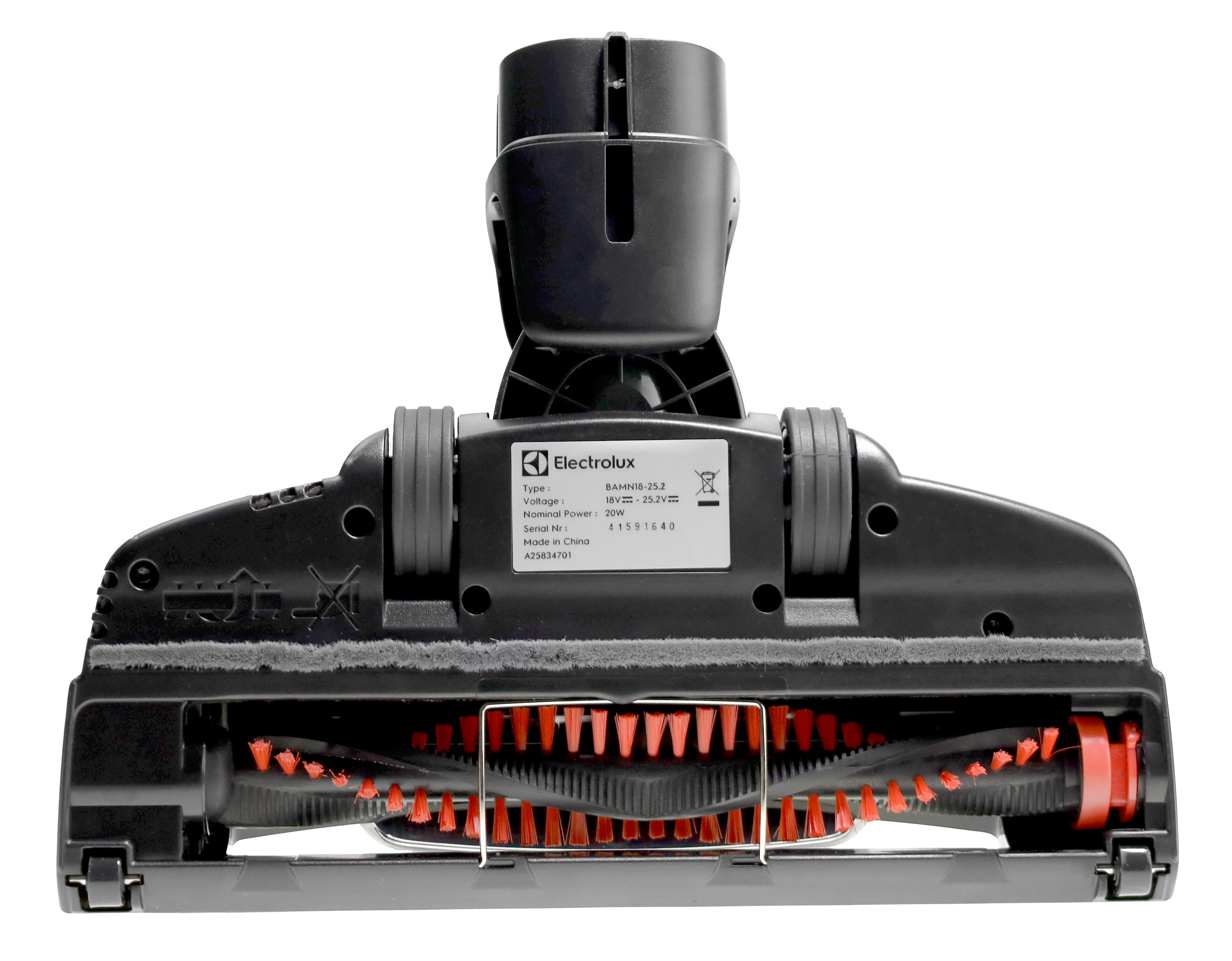 Schwarzer Electrolux-Staubsaugerkopf. Rote Bürstenborsten sind sichtbar. Ein Etikett mit Details befindet sich in der Mitte.